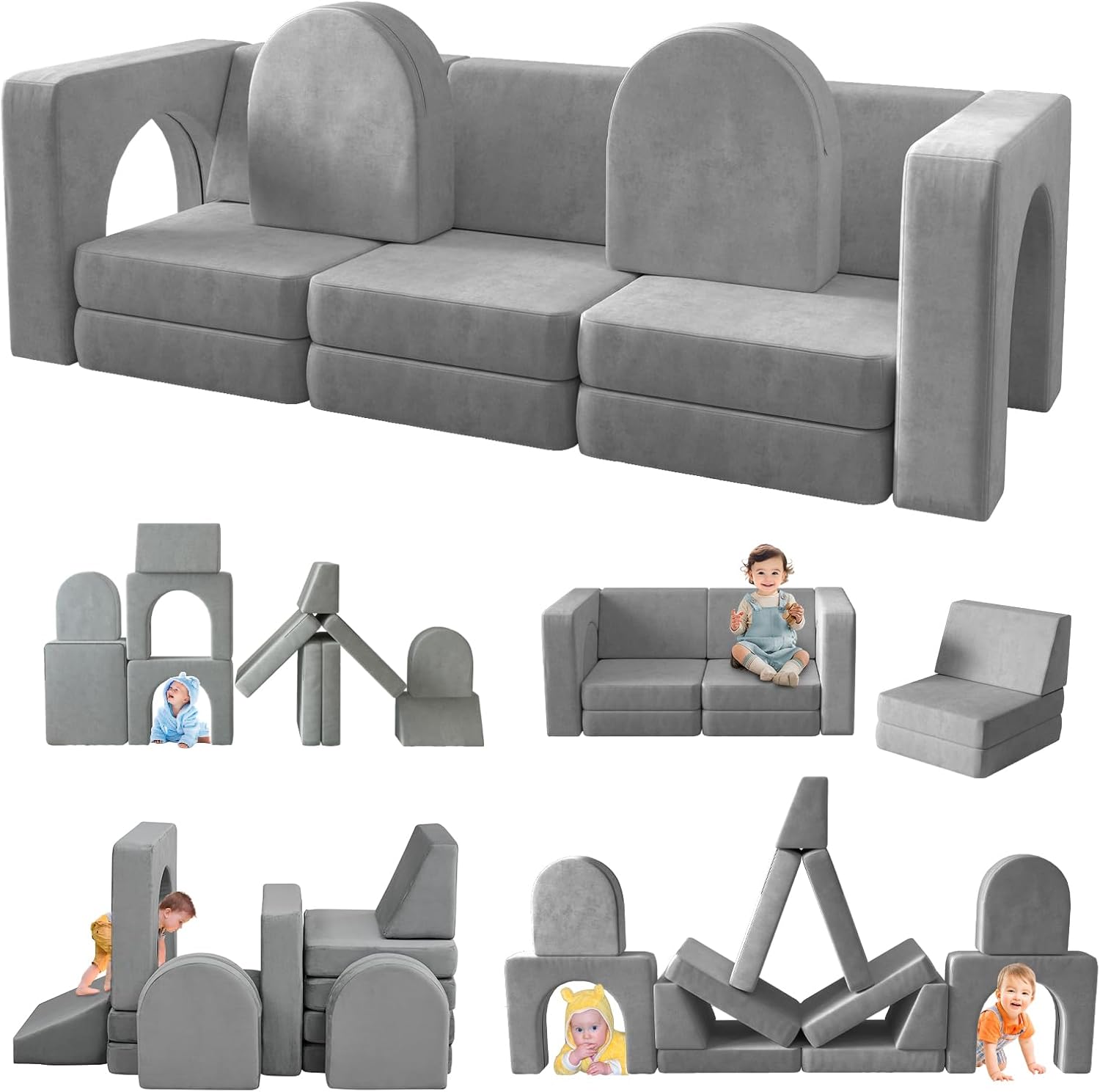 WhizMax PD-PHK-33CEBEB7 13PCS Modular Kids Play Couch - Multifunctional Toddler Sofa for Playroom Bedroom - 13 in 1 Convertible Design for Playing Sleeping - Grey