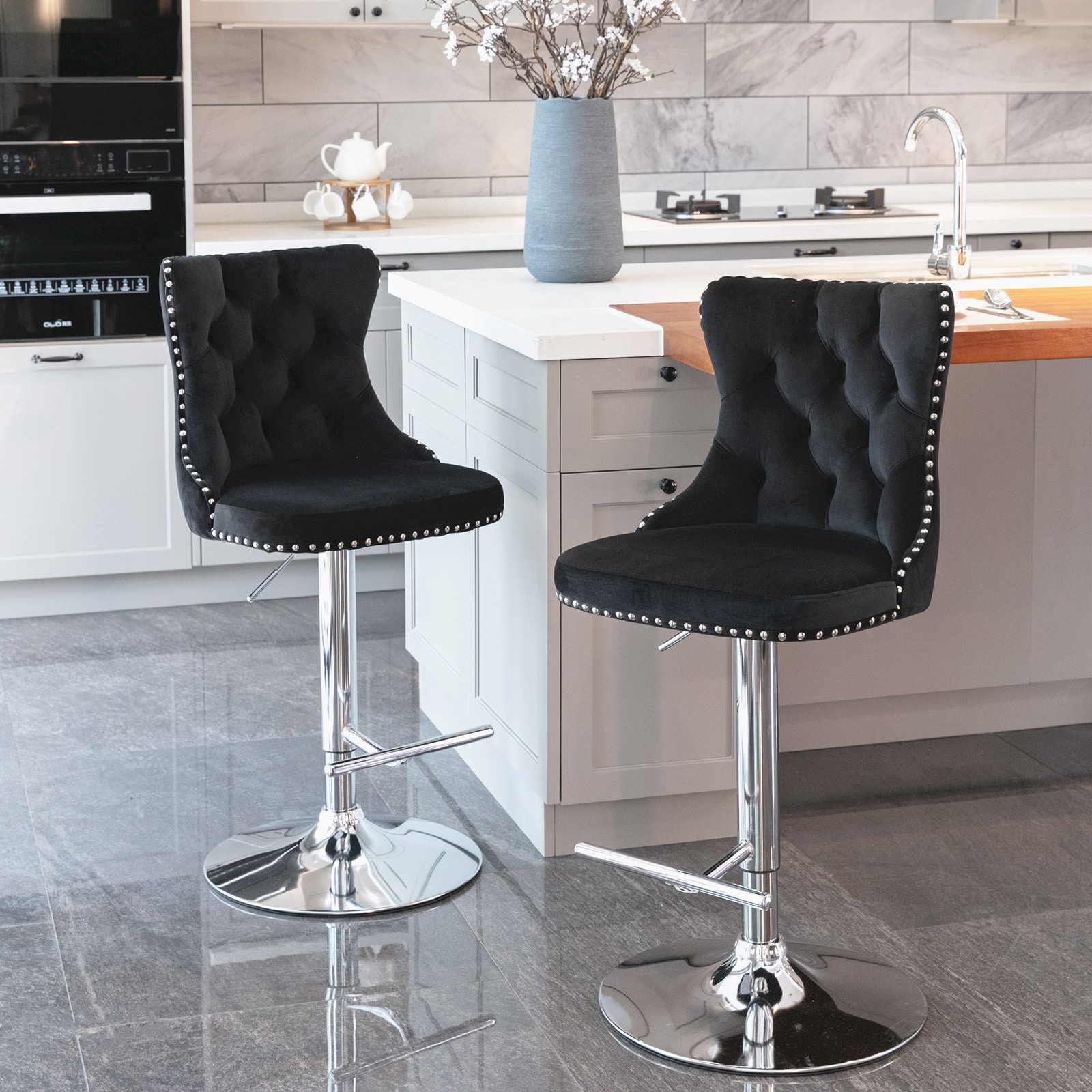 GDFStudio Set of 2 Yaun Swivel Velvet Barstools Adjustable Seat Height 25-33 Inch Modern Upholstered Chrome Base Bar Stools with Backs Comfortable Tufted Black