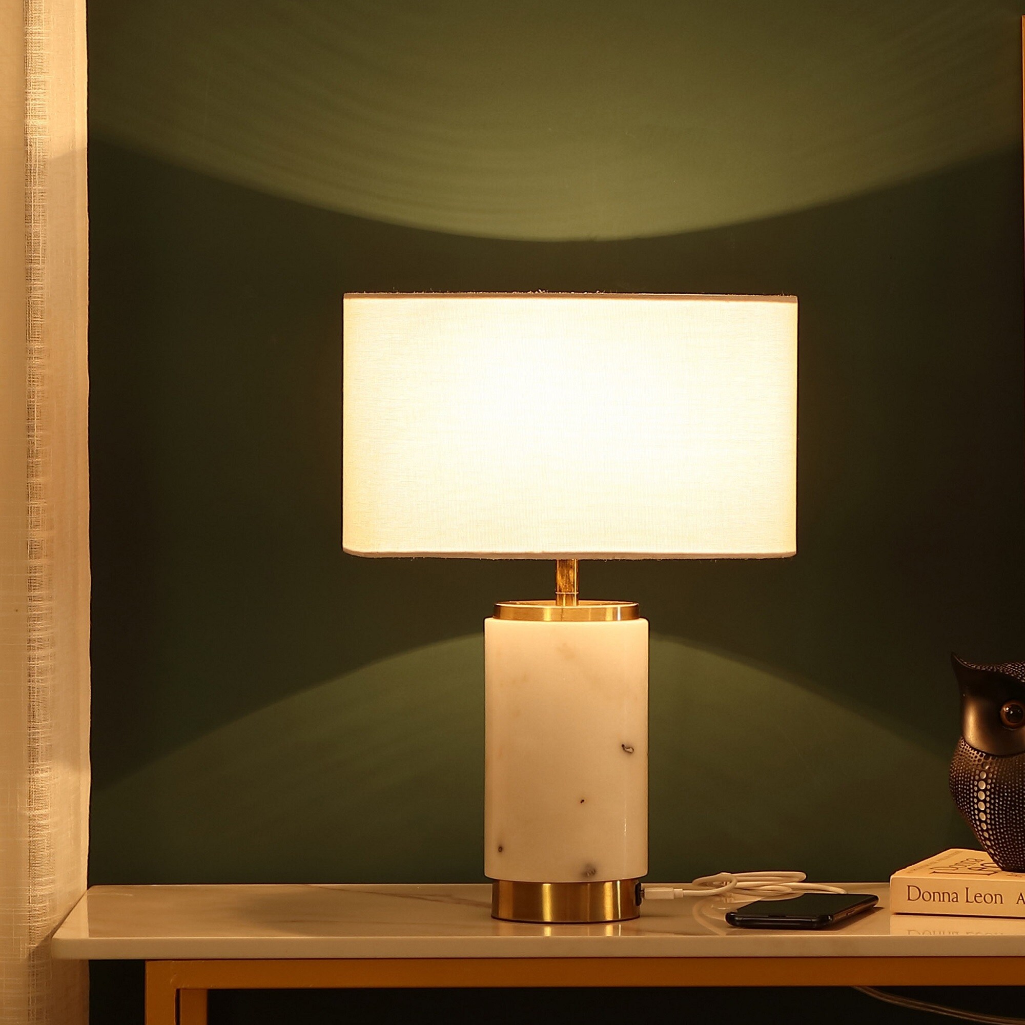 White Marble LED Table Lamp with USB Port and Brass Accents