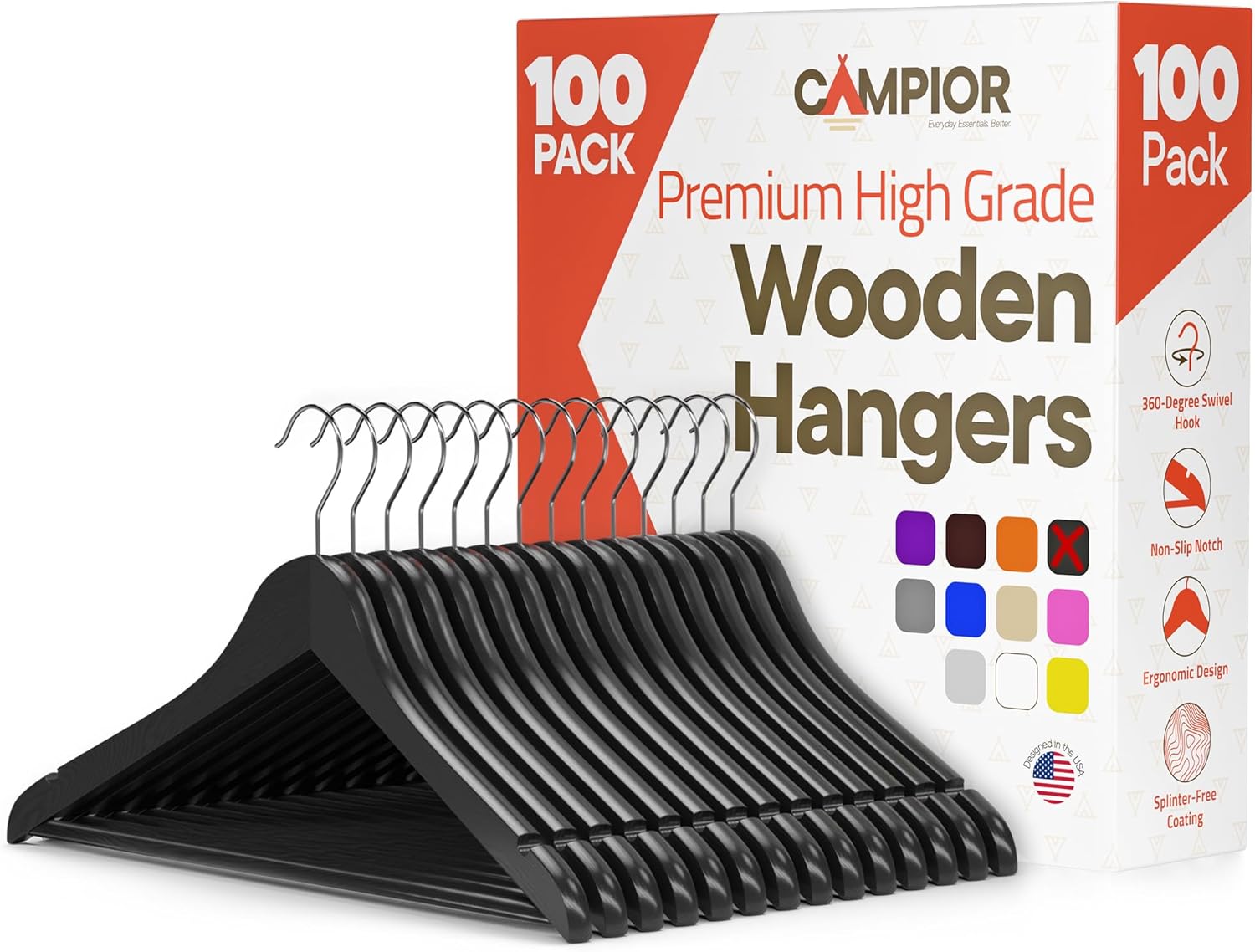 Campior Black Wooden Hangers Heavy Duty Hangers with 360 Degree Swivel Hook Non Slip Pants Bar and Shoulder Grooves Wooden Hangers for Suits Jackets Dresses Camisoles Space Saving Smooth Finish Pack of 100