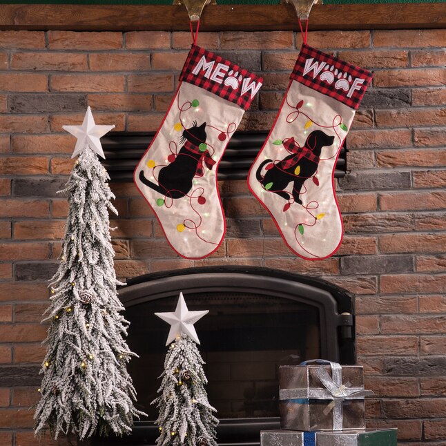 Glitzhome 21-in LED Embroidered Linen Dog Christmas Stocking - Multi ...
