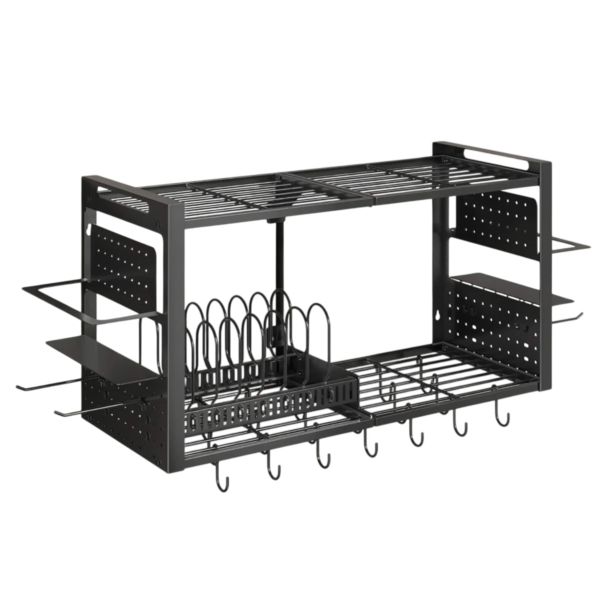 Etokfoks  31 Inch Black Wall Mounted 3 in 1 Pot Rack with 2 Tier Kitchen Racks Pot Lid Organizer Holder and 20 Hooks 1 Piece