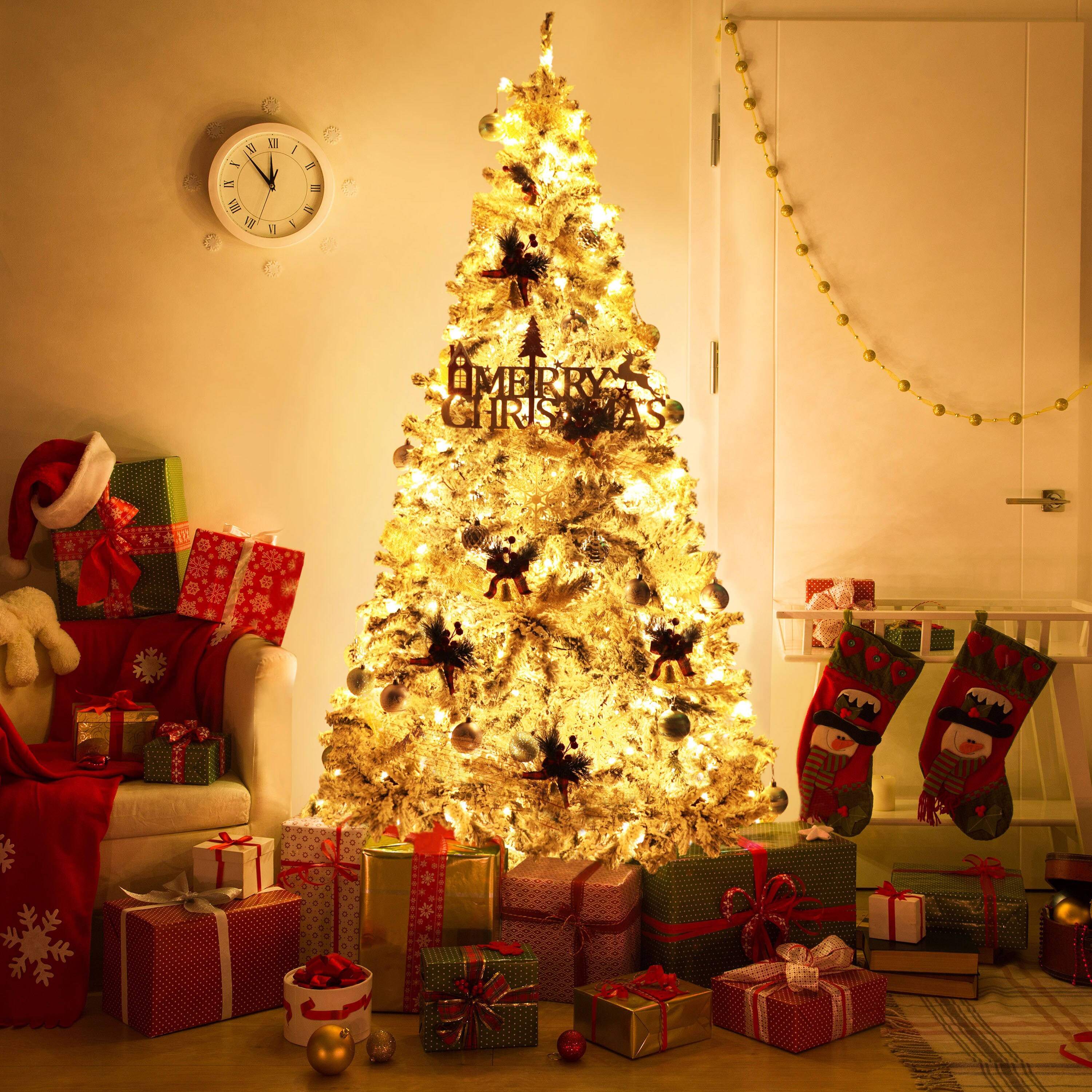 VEIKOUS 6-ft Pre-lit Artificial Tree Flocked Artificial Christmas Tree ...