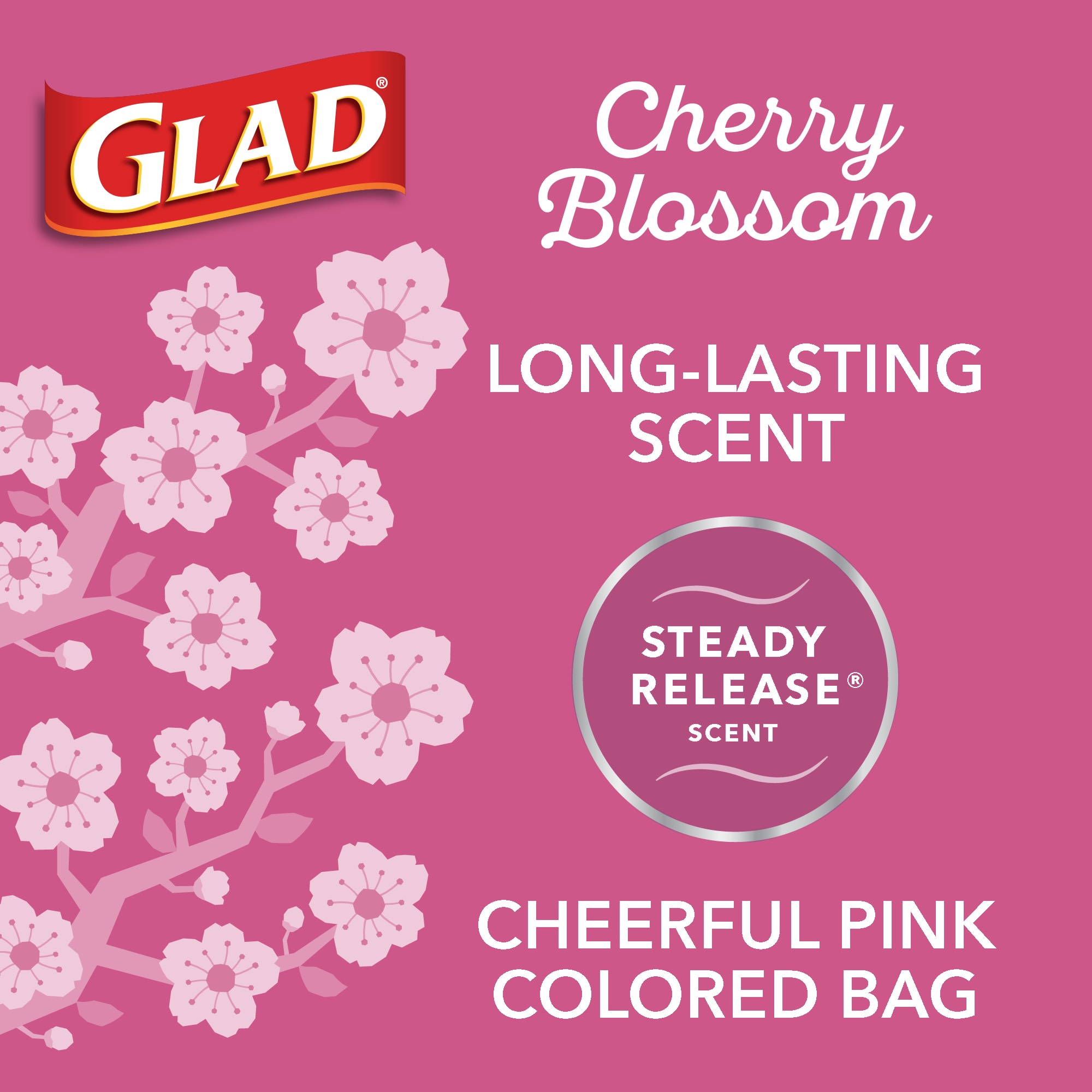 Glad fashion ad promotes pink cherry blossom trash bag