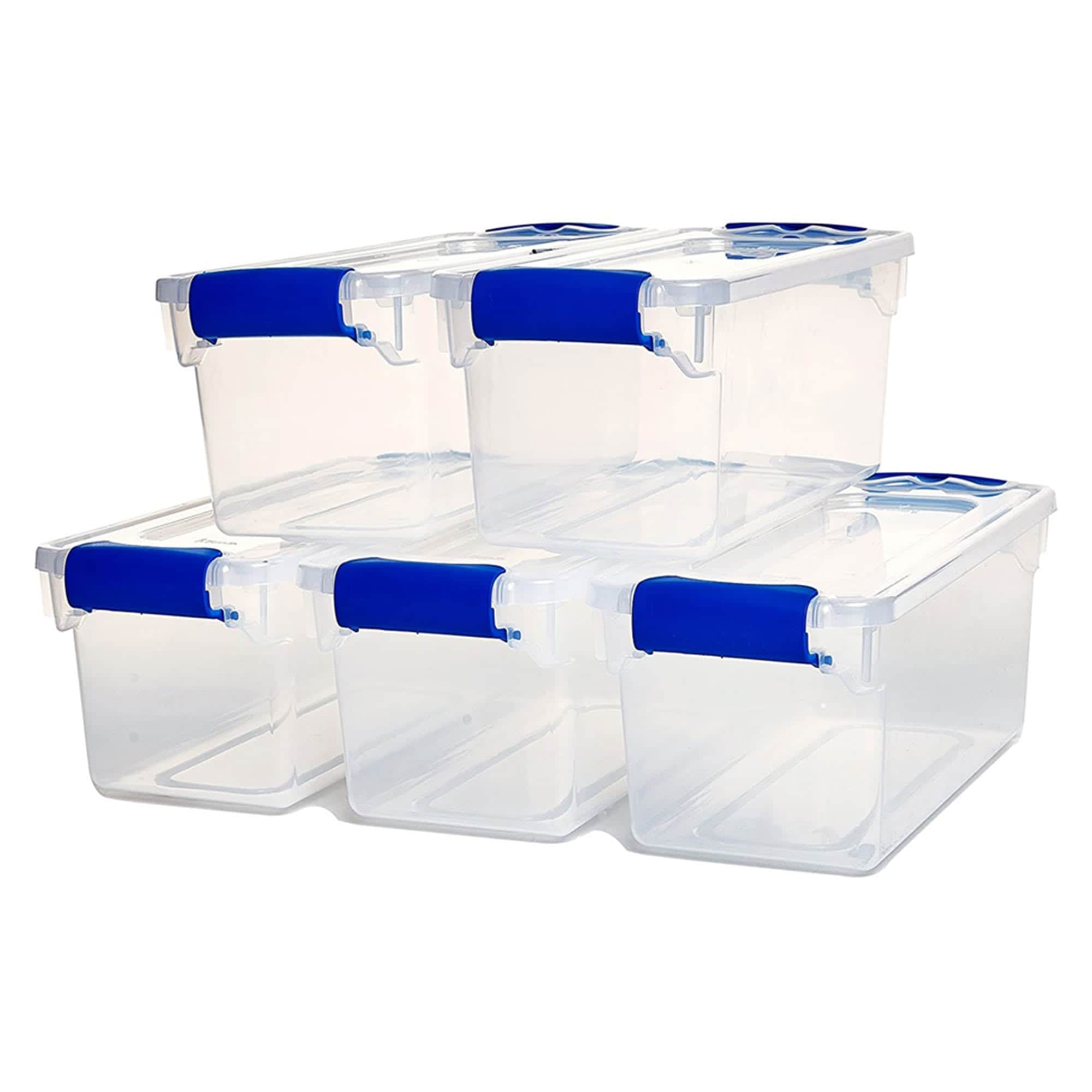 Homz Products 252648 5-Pack Latching Lid Small Clear Plastic Storage Bins w/ Lids 7.5 Quart Blue Latch
