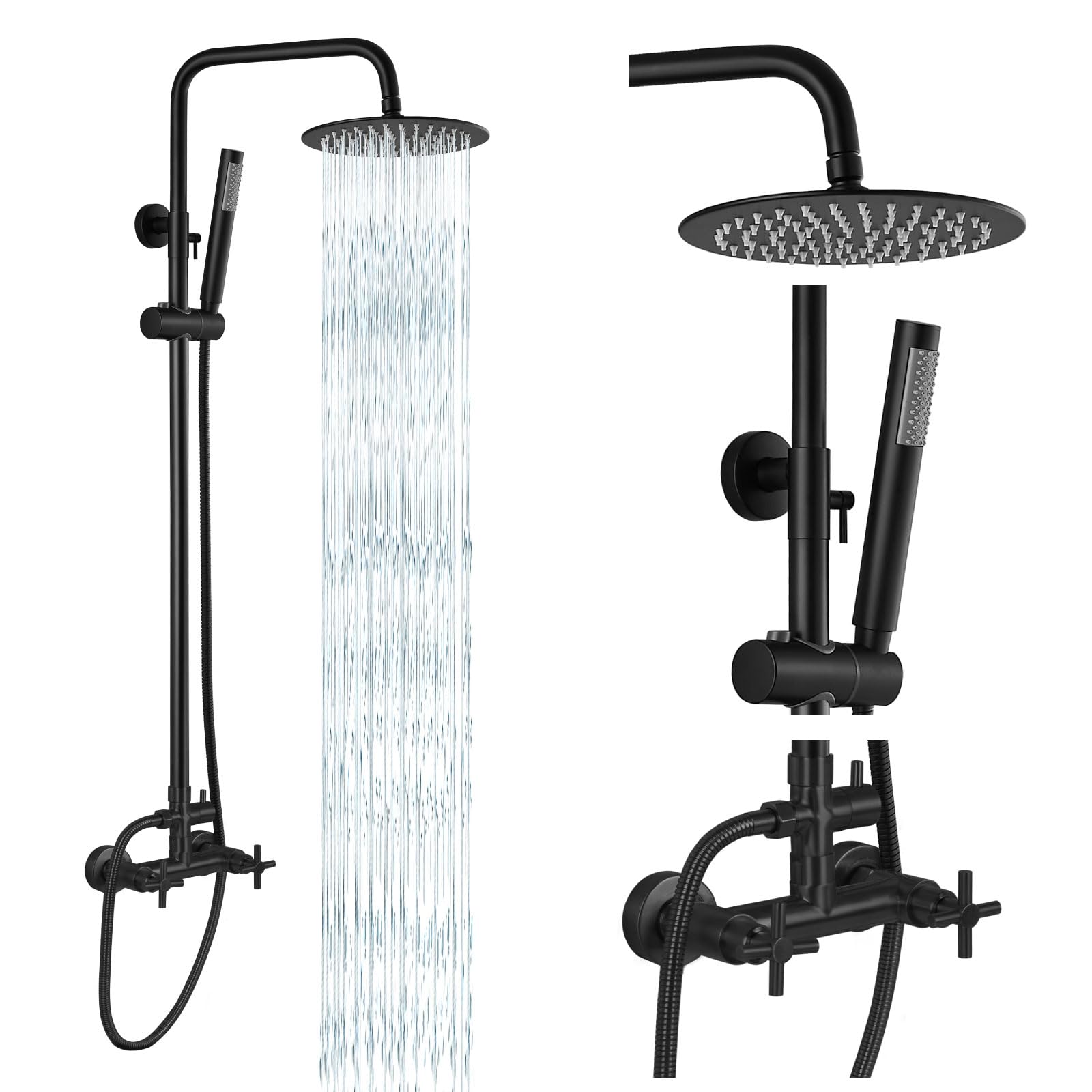 Ahfiwaso  Outdoor Shower Fixture SUS304 Stainless Steel Matte Black High Pressure Wall Mount 8 Inch Rain Showerhead and Handheld Spray Combo