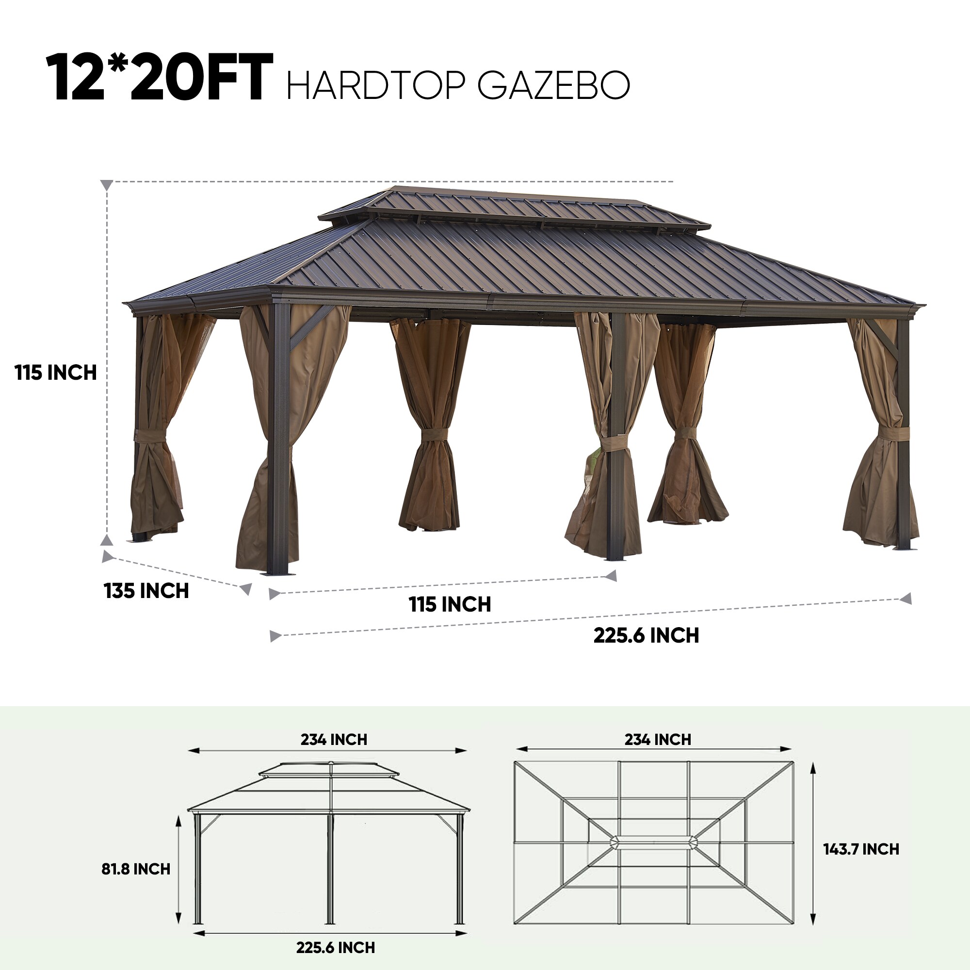 Mondawe 20-ft x 12-ft Rectangle Bronze Metal Steel Roof Gazebo with ...