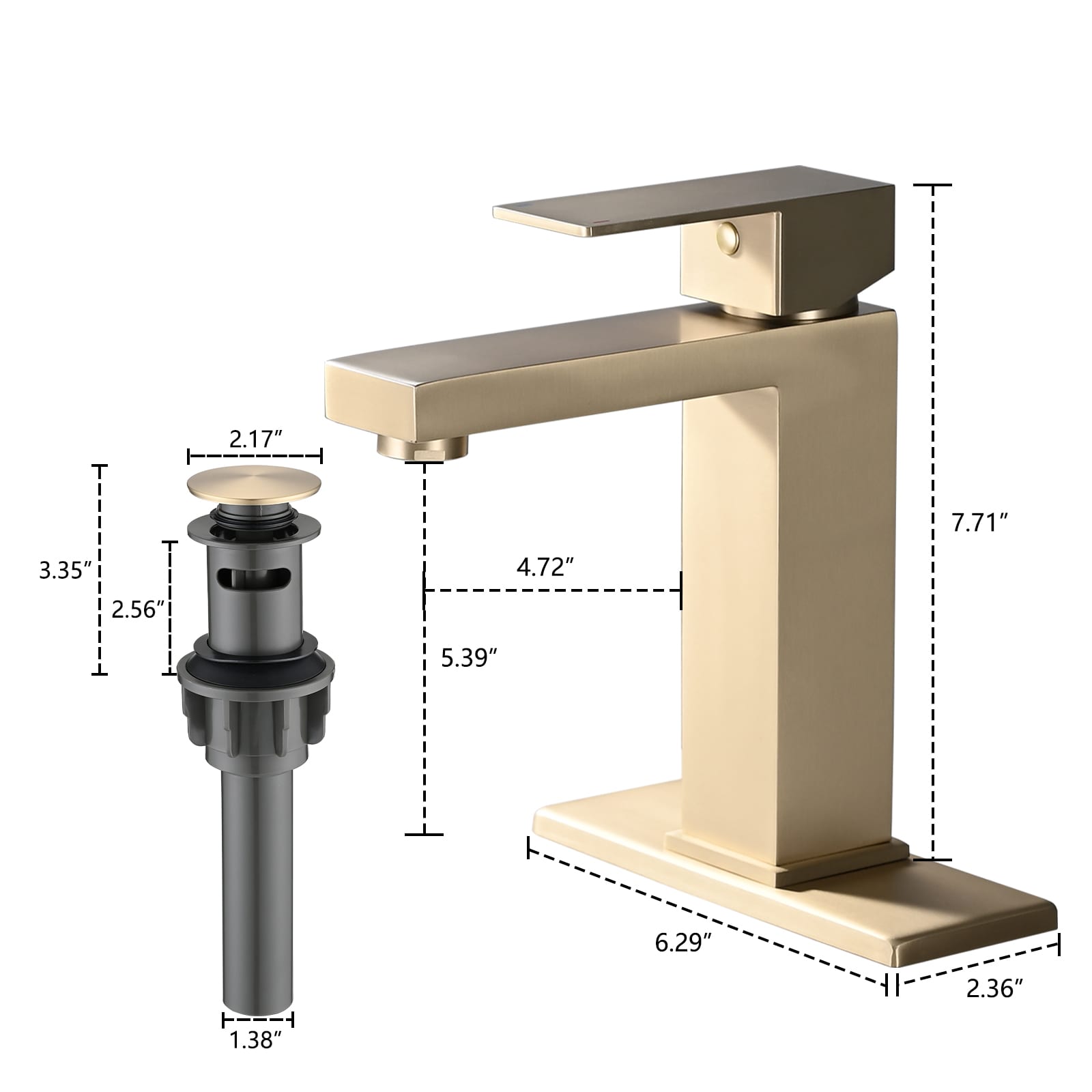WELLFOR DTG-071BFBN Brushed Gold Single hole 1-handle High-arc Commercial/Residential Handle Bathroom Sink Faucet with Drain with Deck Plate