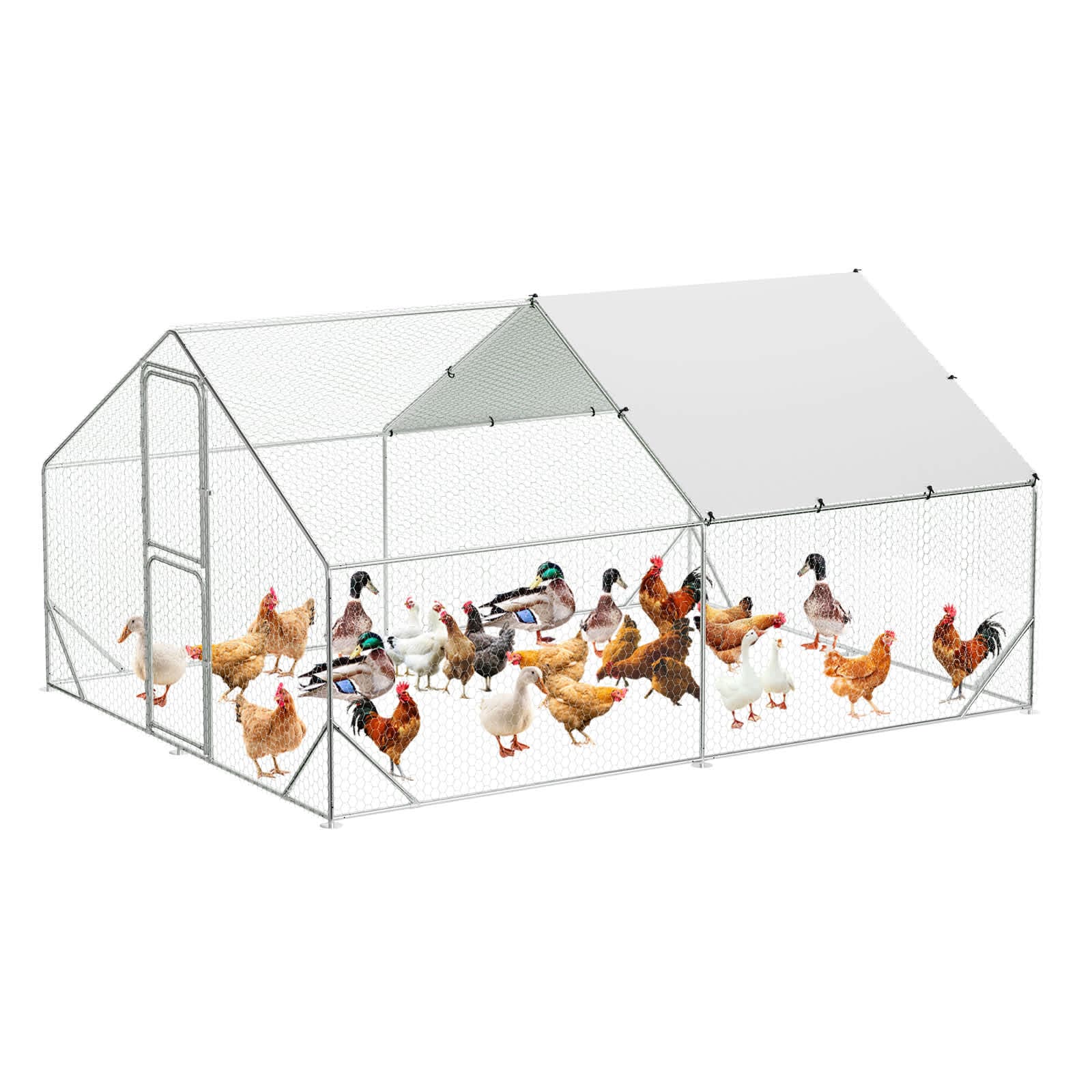 Qeetex WLS-PHO-15UBWLJ4 Large Metal Chicken Coop Run Walk in Poultry Cage with Waterproof Roof Cover Spire Shaped Outdoor Backyard Farm Fence Cage Hen House with Chain Link for Rabbit Duck Chicken