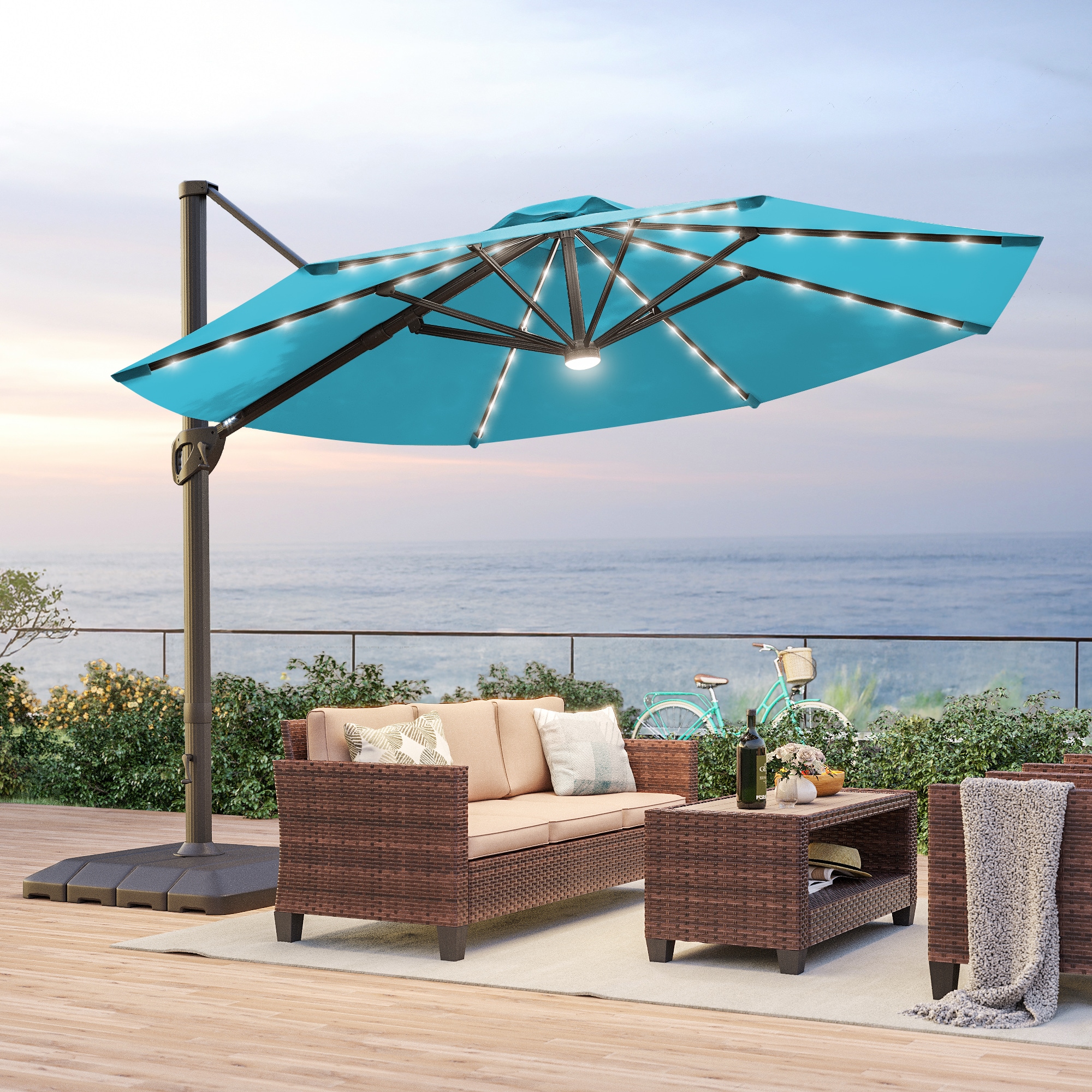 ACEGOSES LW-LED34GY-H-B 11-ft Aluminum Blue No-tilt Cantilever Patio Umbrella with Lights with Base