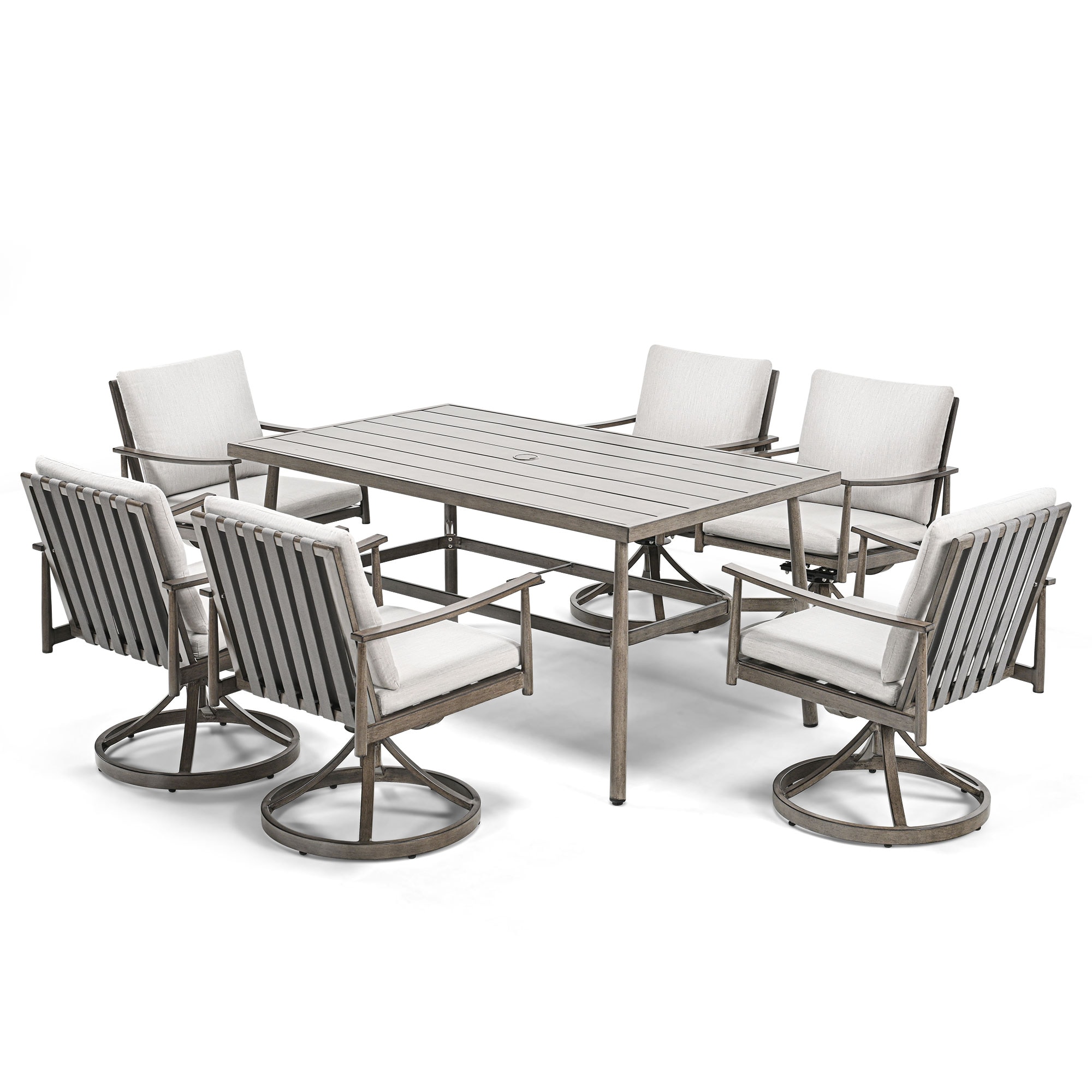  EL-CZ7-GG-B2-WL3 SleekLine Gray Patio Dining Set Aluminum Rectangle Table with 6 Gray Cushions Swivel Rocker Chairs