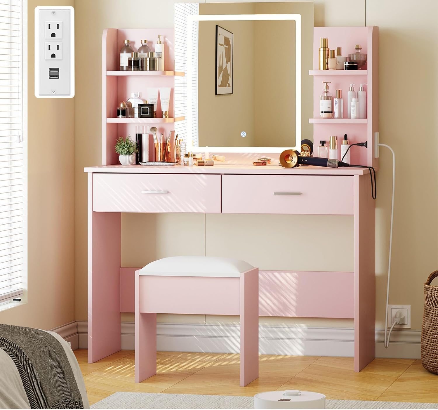 Qeetex LHF-SZT-PHO-14CNR6QR Vanity Desk with Lighted Mirror - Makeup Vanity Set with Power Outlet/Cushioned Stool - Vanity Table with 6 Storage Shelves - 2 Large Drawers and 3 Color Light Adjustable Brightness - Pink