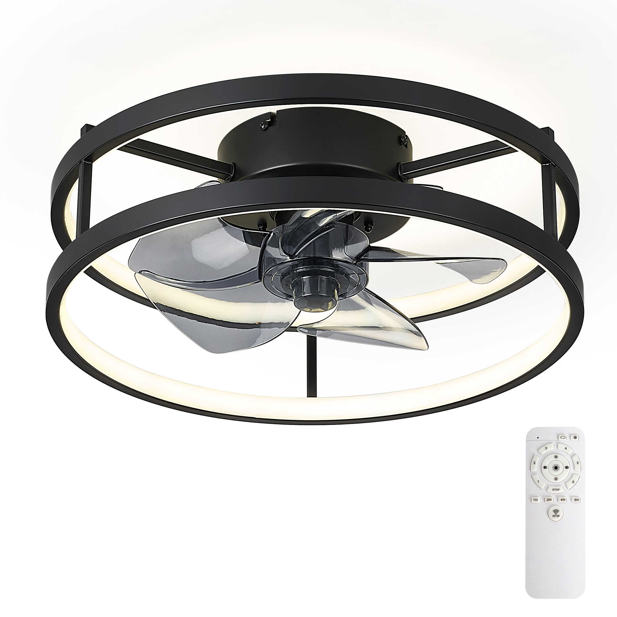 LTMATE LT-DCF210-BK16 JAZAVA 15.7-in Color-Changing Flush Mount Black with matte black Blades Cage Ceiling Fan Light Kit Compatible - Remote Included ( 5 -Blade )