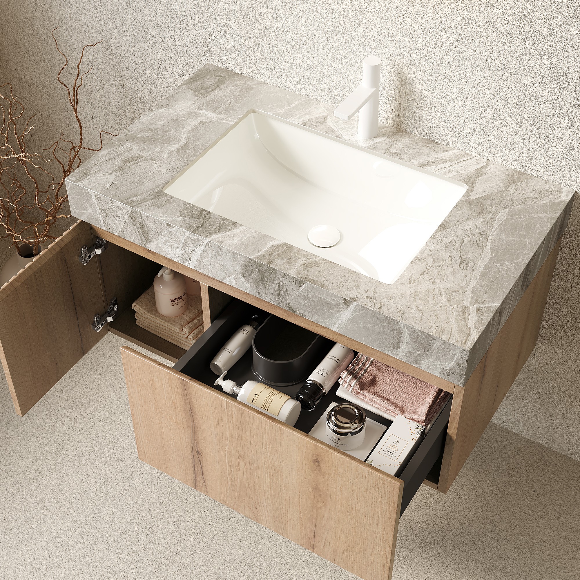 Cuschoice  36 in.Single Sink White Oak Floating Bathroom Vanity Stone Gray Top Ceramic Basin Soft-close Door Drawer