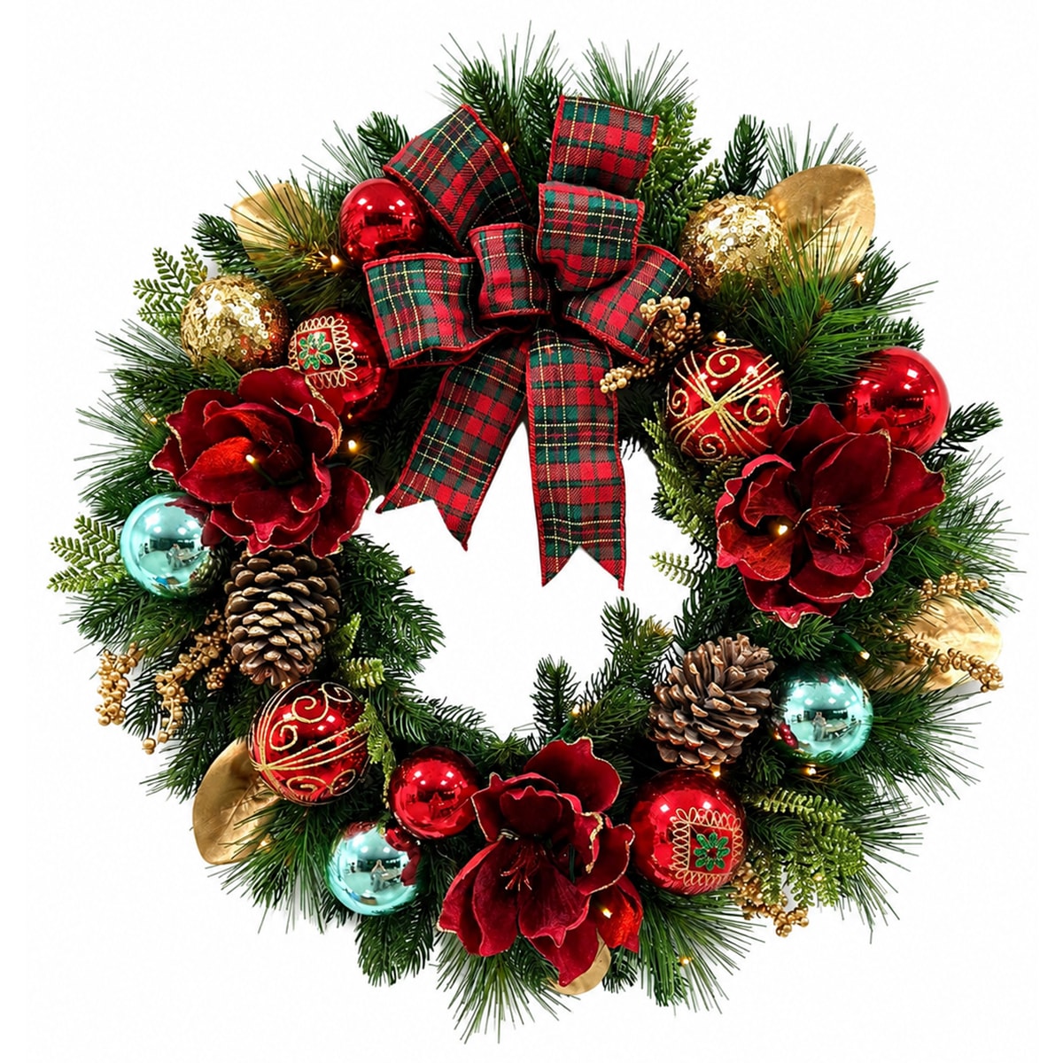 WEIZE  24in Artificial Pre-Lit Christmas Wreath Red Bow Magnolia Flowers Decorated with LED Lights for Xmas Holiday Door Decoration