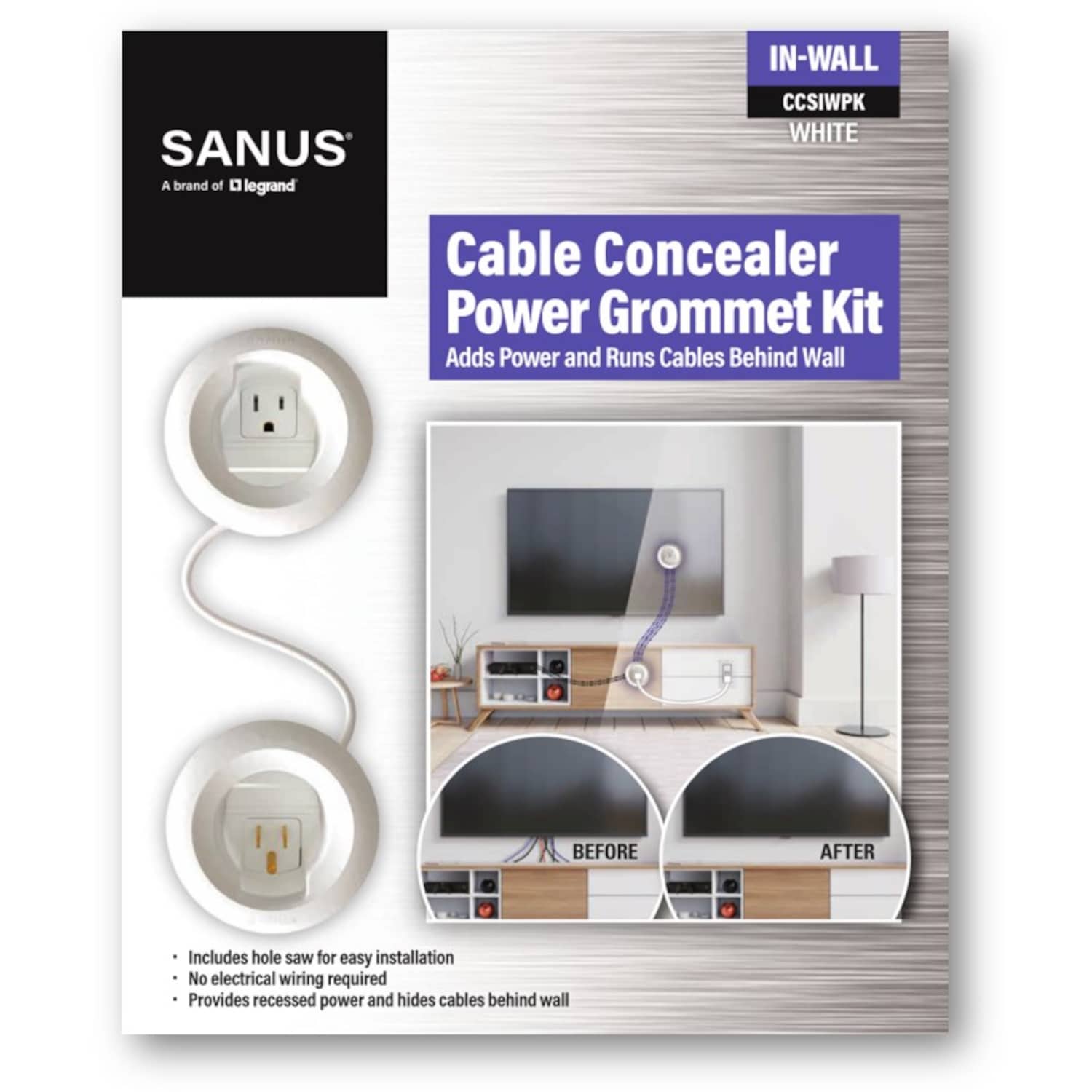 Sanus - In-Wall Cable Concealer TV and Soundbar Power Kit for Mounted TVs and Soundbars - White