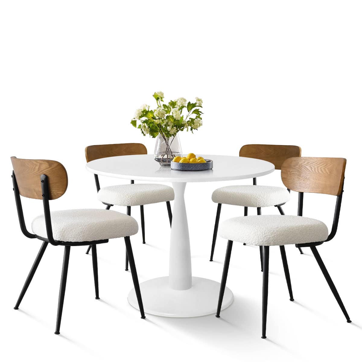 Maison Boucle 5-Piece Modern White Round Dining Table Set with Beige ...