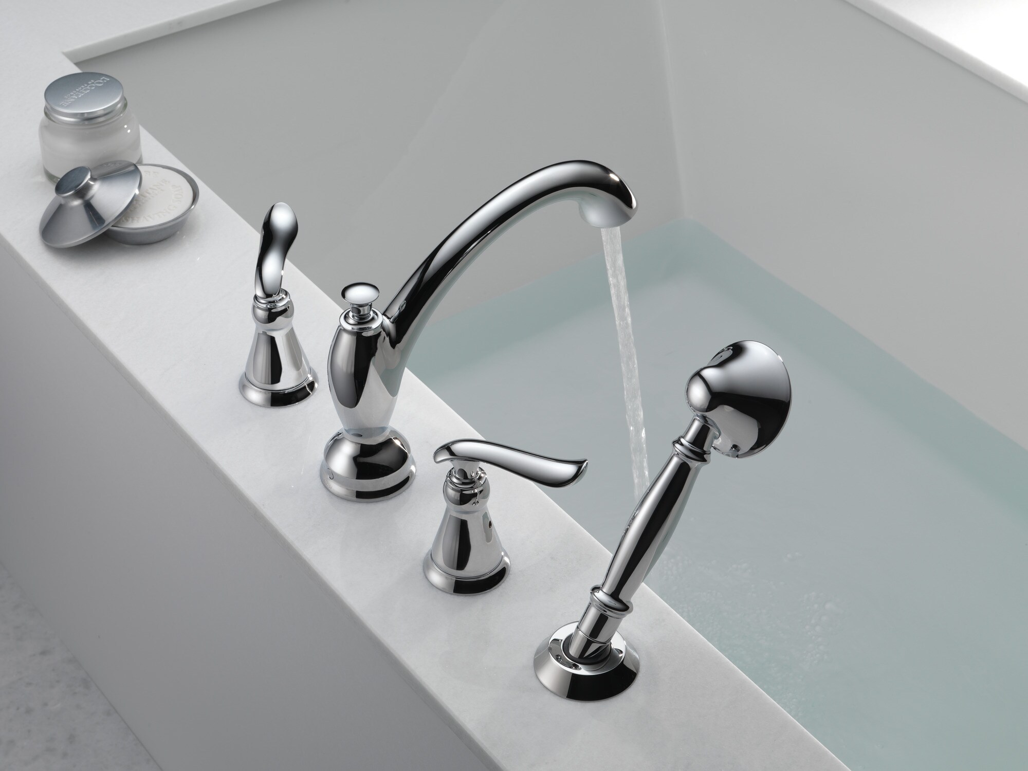 Delta Linden Chrome 2 Handle Deck Mount Roman Low Arc Bathtub Faucet With Hand Shower In The 3807