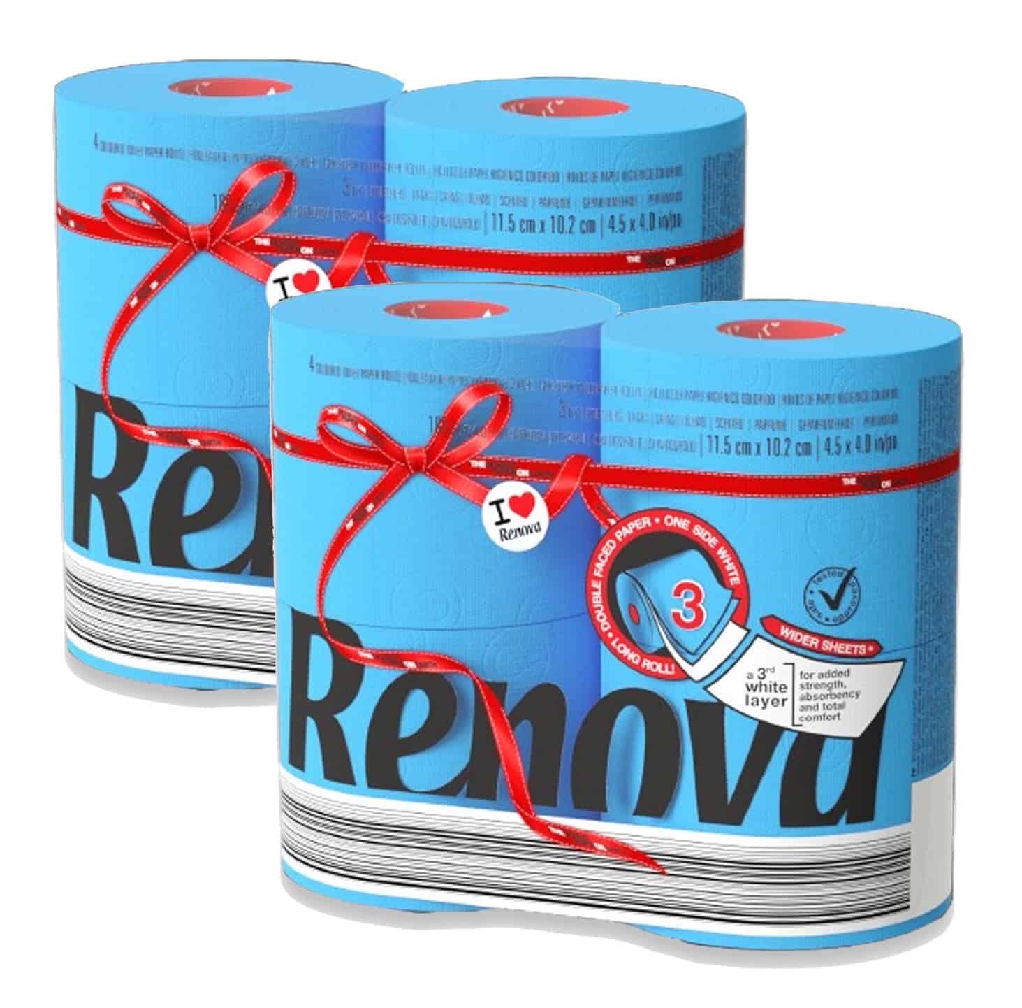 EVIDECO FRENCH HOME GOODS Renova Blue Toilet Paper Jumbo Rolls - 3-Ply 180 Sheets 2x4 Pack (8 Rolls Total) - Premium Quality Eco Label Certified - Set of 2
