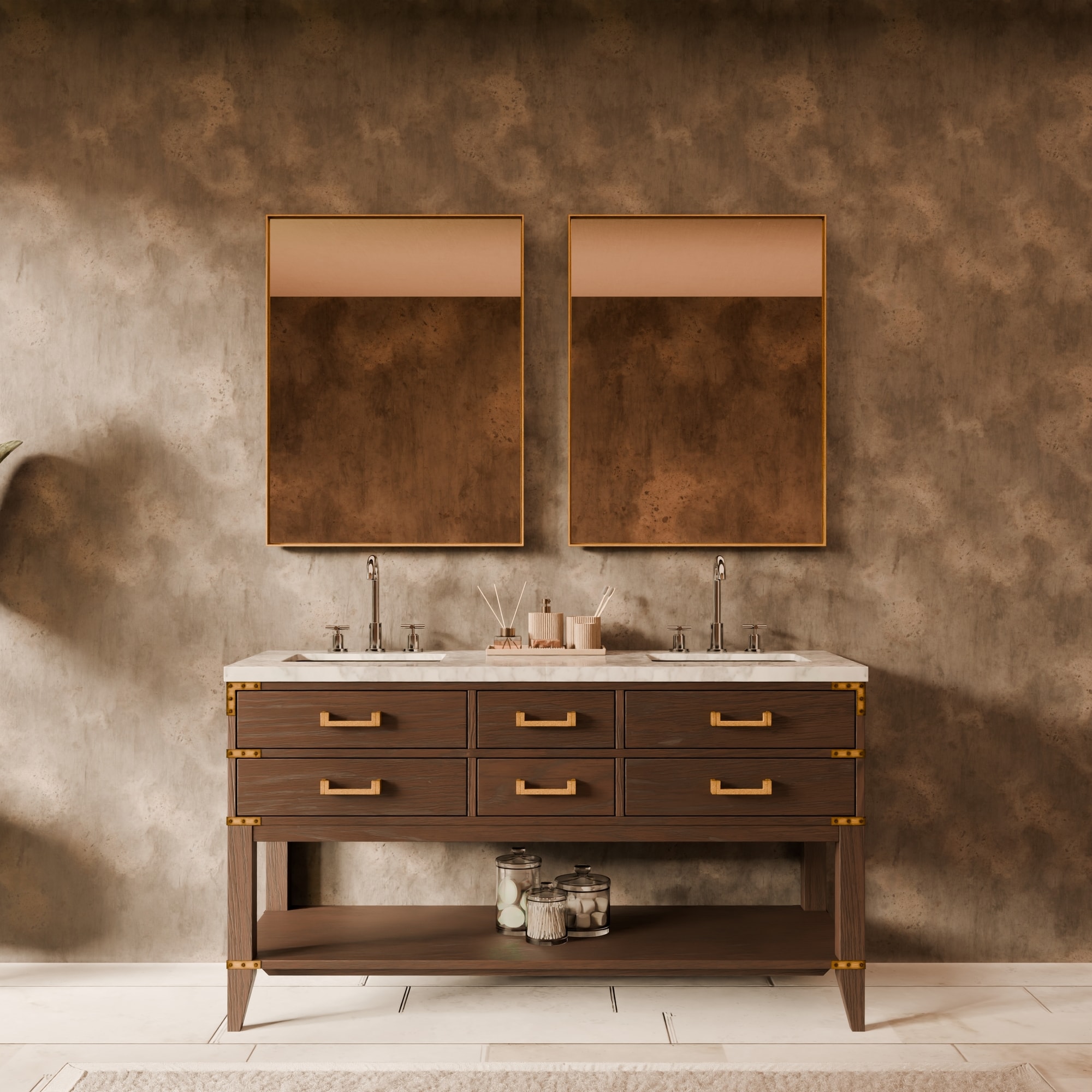 Lexora LVGR60DK101 Greenberg 60-in Brown Oak Undermount Double Sink Bathroom Vanity with White Carrara Marble Marble Top (Faucet Included)