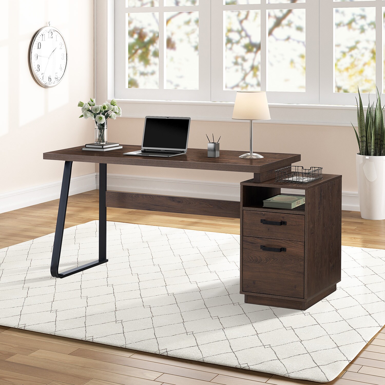 GZMR 65-in Writing Study Table with Drawers 55.1-in Brown Modern ...