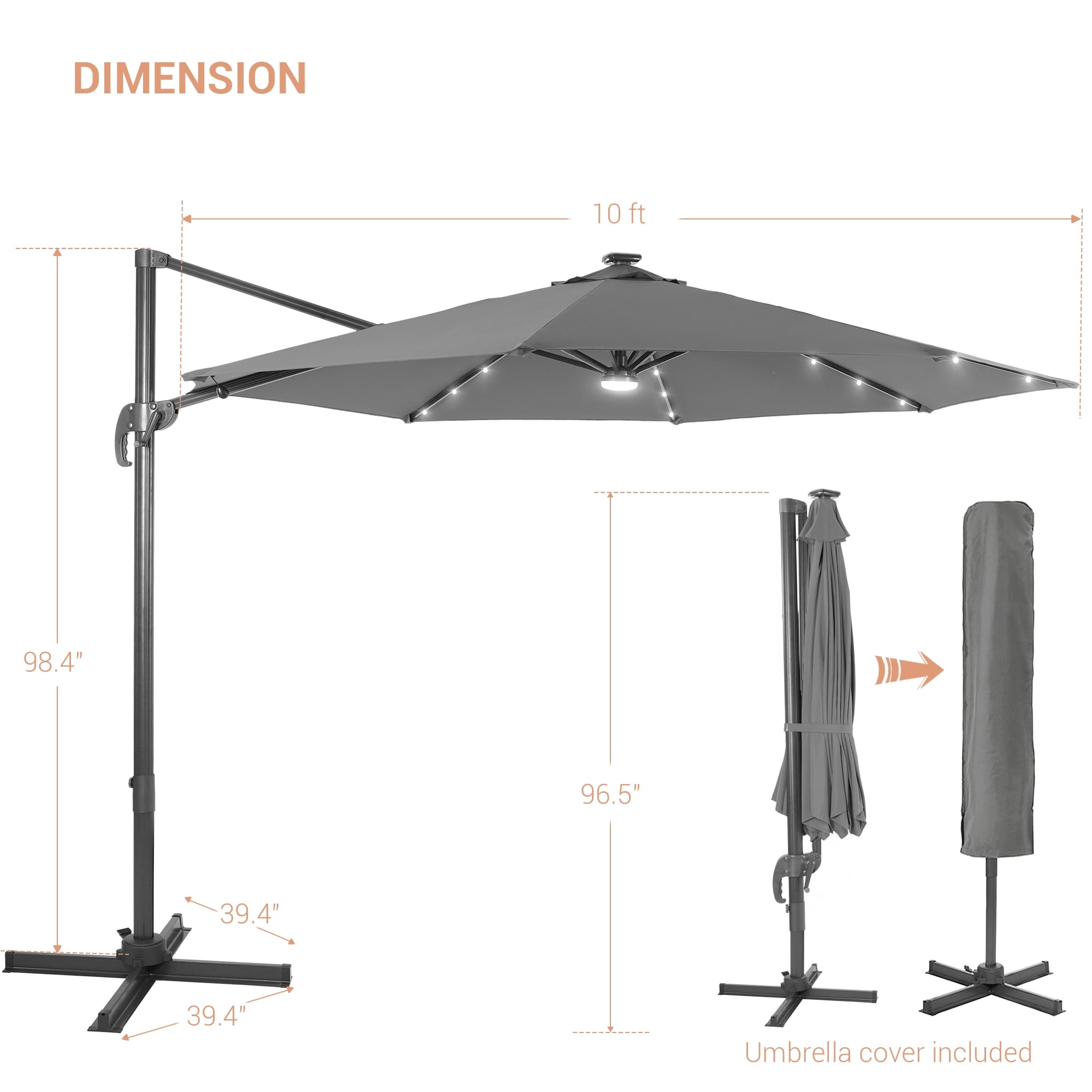 ACEGOSES 10-ft Aluminum Gray No-tilt Cantilever Patio Umbrella with ...