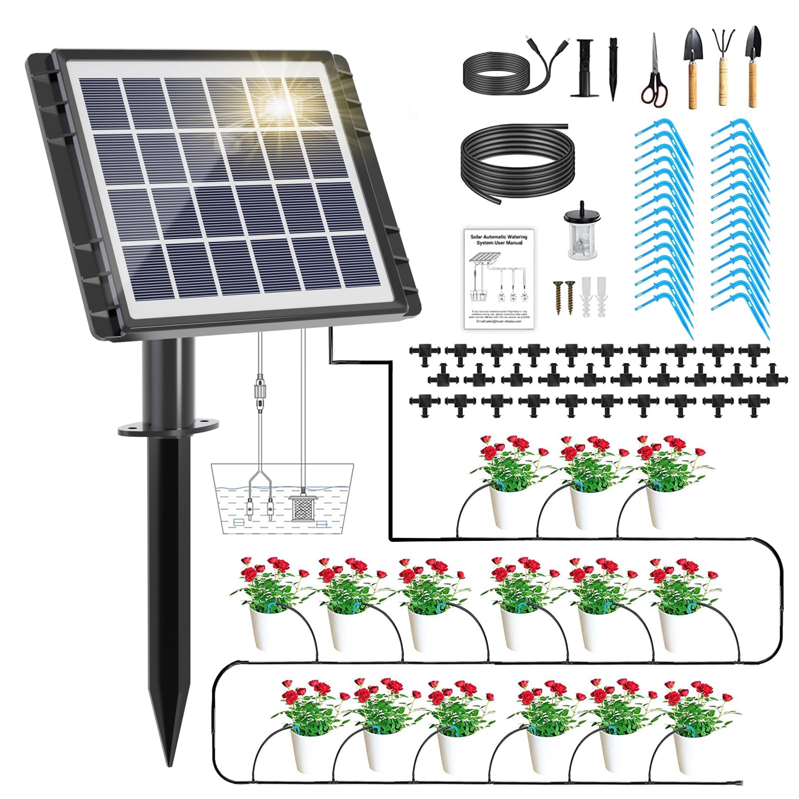 Adrinfly  Solar Drip Irrigation System Kit 82FT Automatic Watering for 30 Pots with 25 Timer Modes Indoor Outdoor Garden Balcony Patio Plants