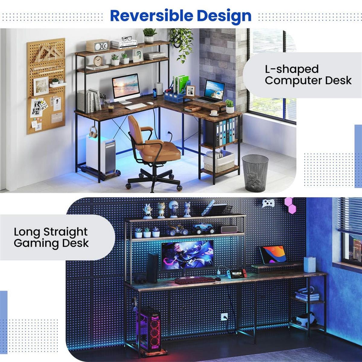 Reversible LShaped Gaming Desk LED Strip Power Outlets Hutch Monitor Stand Rustic Brown Black