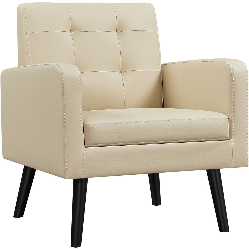 Yaheetech LSL4OJ0001 Beige Mid Century Faux Leather Accent Chair with Solid Wood Legs