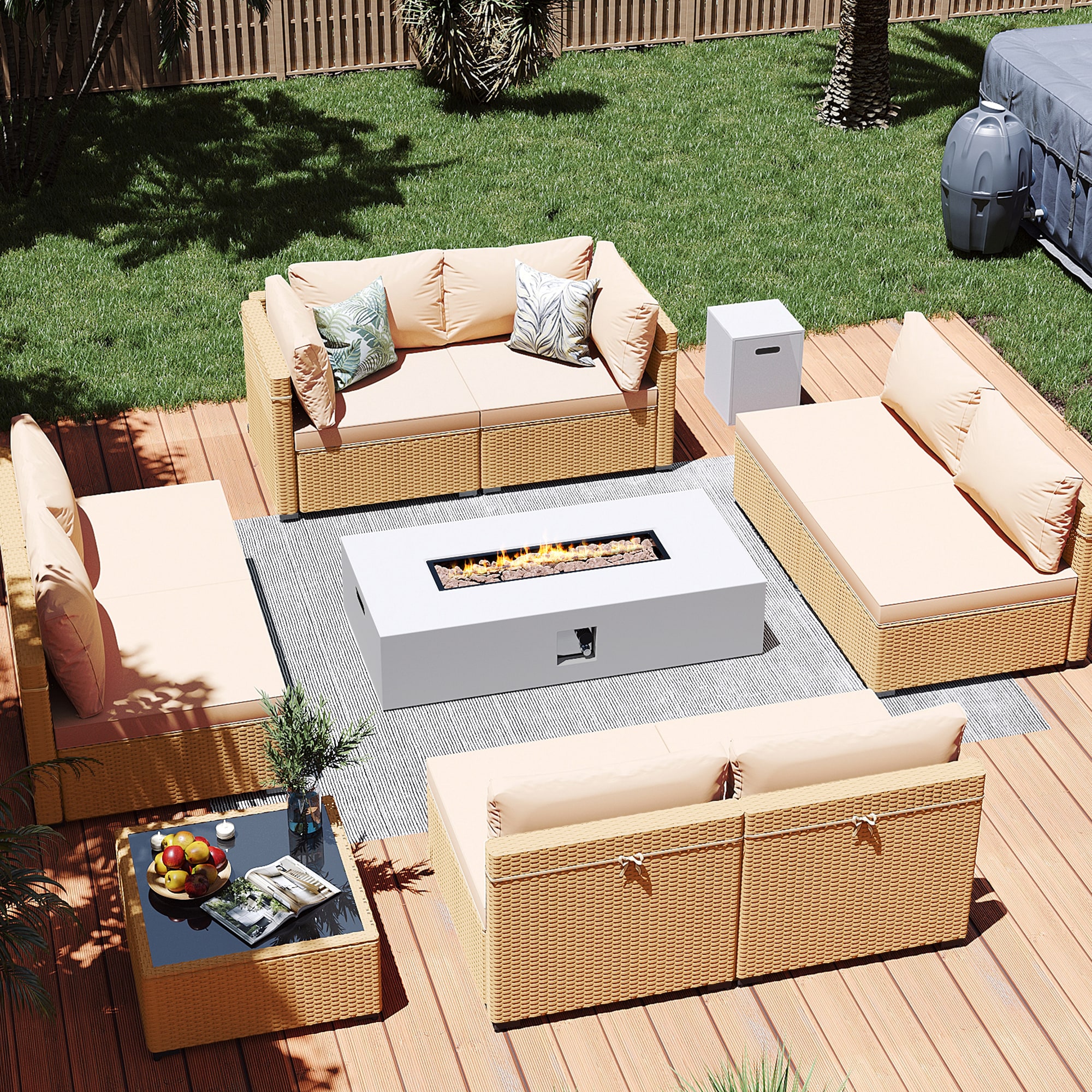 Patio Watcher LS-RT9-KD56WH-Y1 10 -Piece Rattan Patio Conversation Set with Beige Cushions