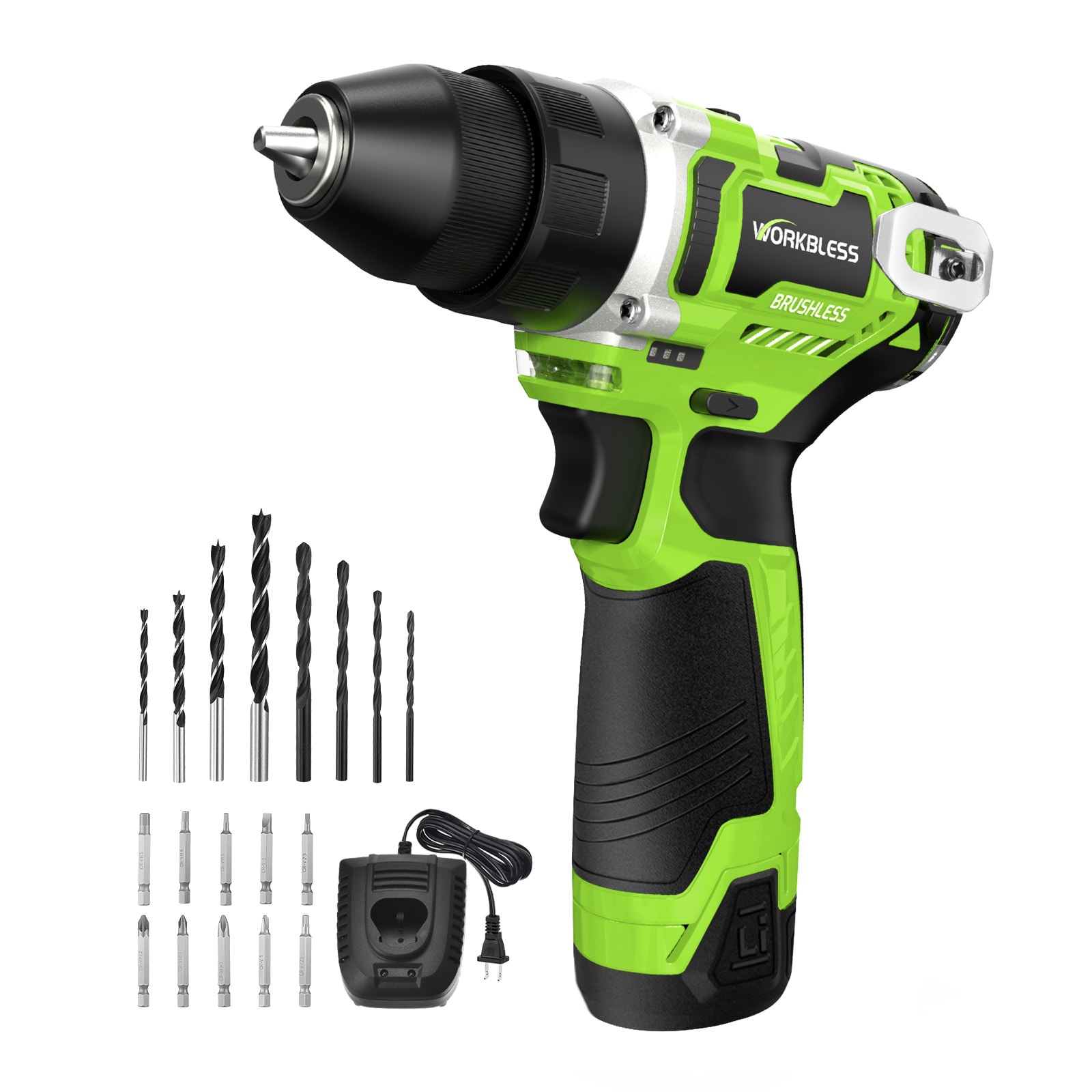 Unique Bargains 12V Brushless Power Drill Cordless Drill with LCD Smart Display 29+1 Torque Setting 3/8 Inch Keyless Metal Chuck 2.0Ah Battery Fast Charger and 18pcs Bits Included(Green)