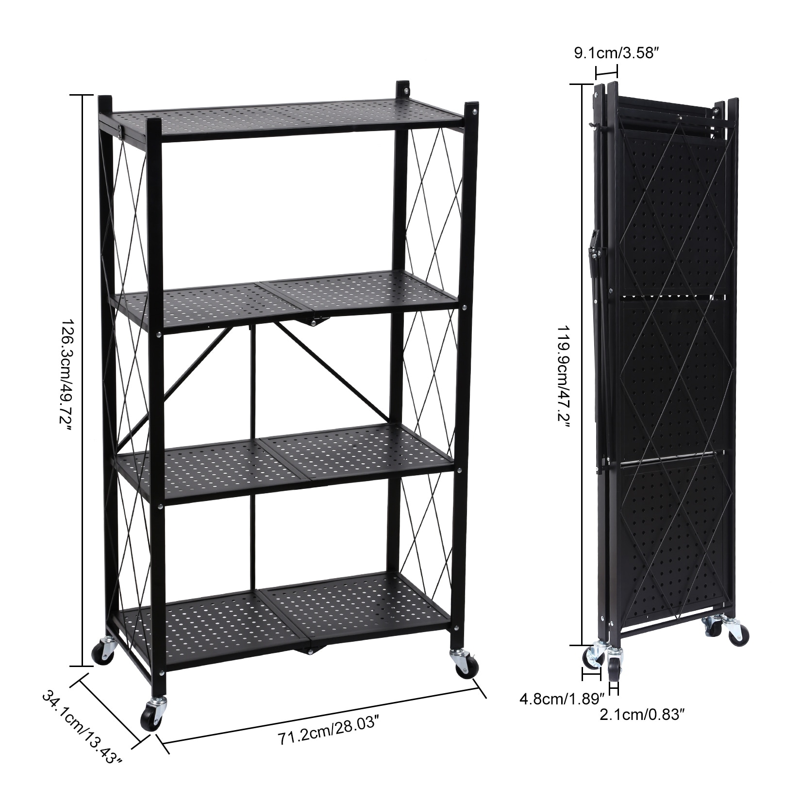 Black 4-Tier Foldable Metal Shelving Unit with Wheels