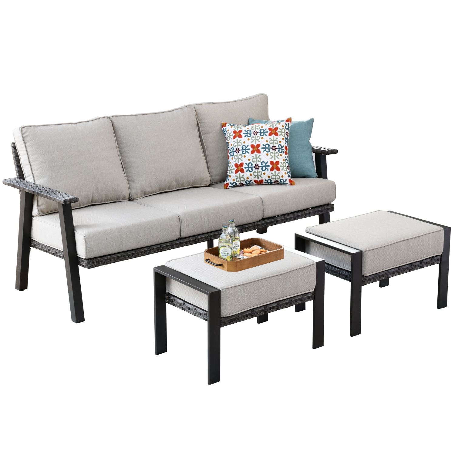 XIZZI XIHW6041 Pisces Wicker Outdoor Sofa with Beige Cushions and Steel Frame