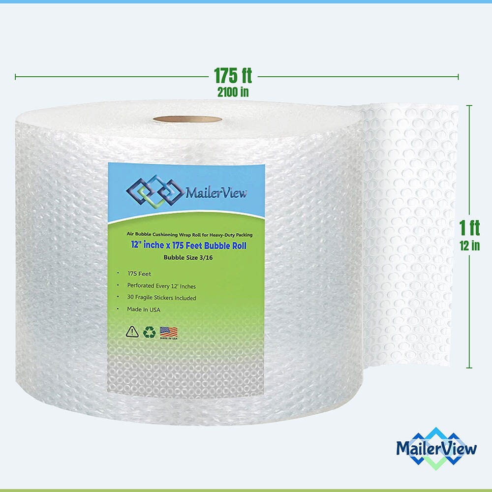 Plus Free 16 Fragile 3/16, 12 x 60 ft Total 2-Pack Bubble Cushioning Wrap Rolls for Heavy-Duty Packing Easy-to-Tear 12 Sheets Handle with Car 