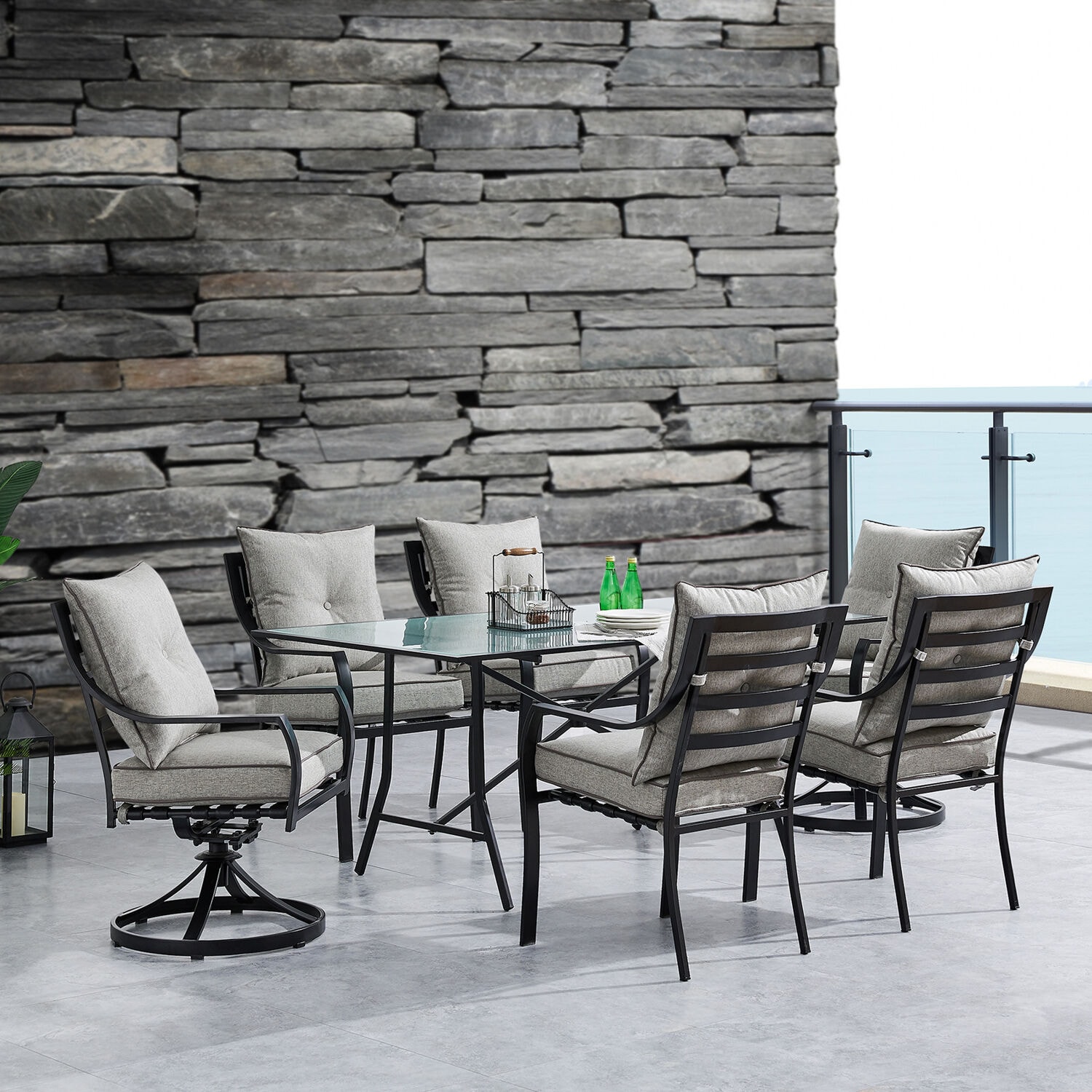 Hanover LAVDN7PCSW2-SLV Lavallette 7 -Piece Black Patio Dining Set Steel Rectangle Table with 6 Silver Cushions Stationary and Motion Chairs