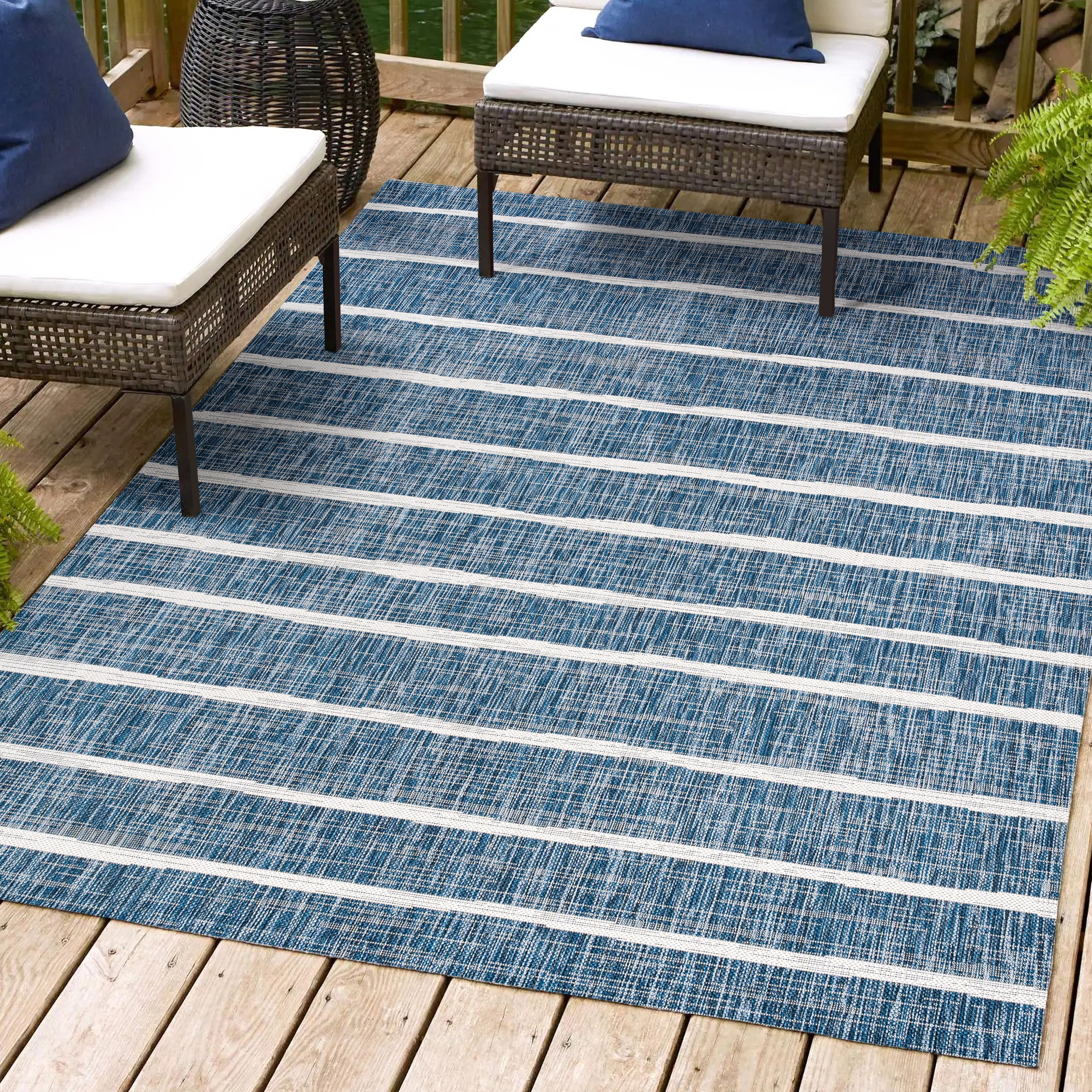 JONATHAN  Y SMB125C-5 Santa Monica Colonia Berber 5 x 8 (ft) Loomed Polypropylene Blue/Ivory Rectangular Indoor/Outdoor Stripe Bohemian/Eclectic Area rug