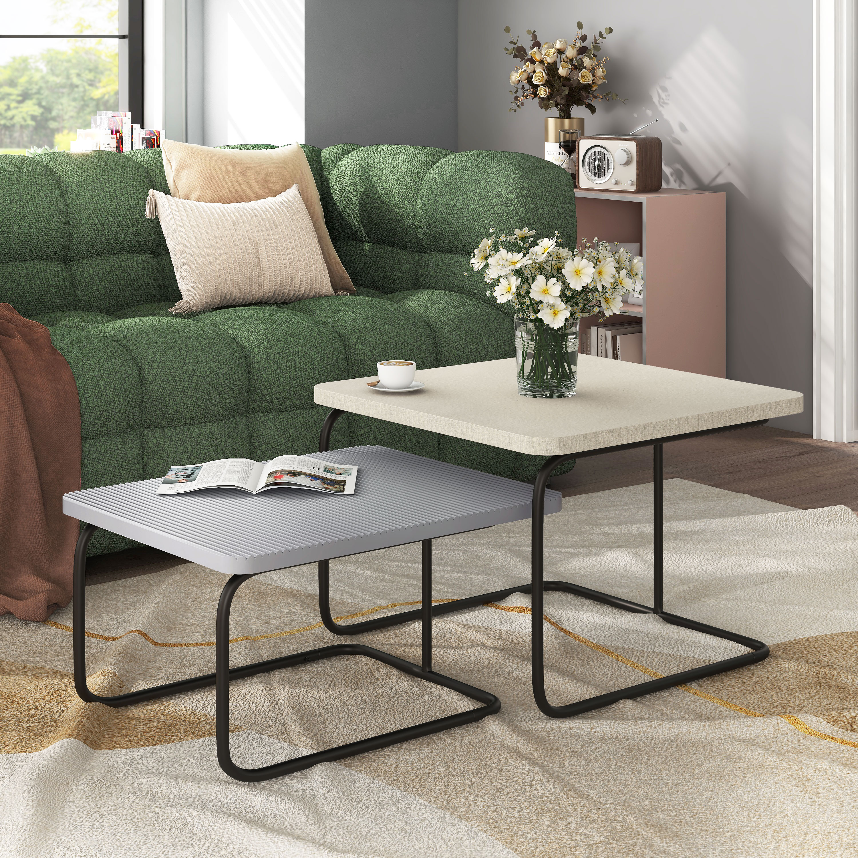 Modern Cream and Gray Textured 2-Piece Nesting Coffee Table Set
