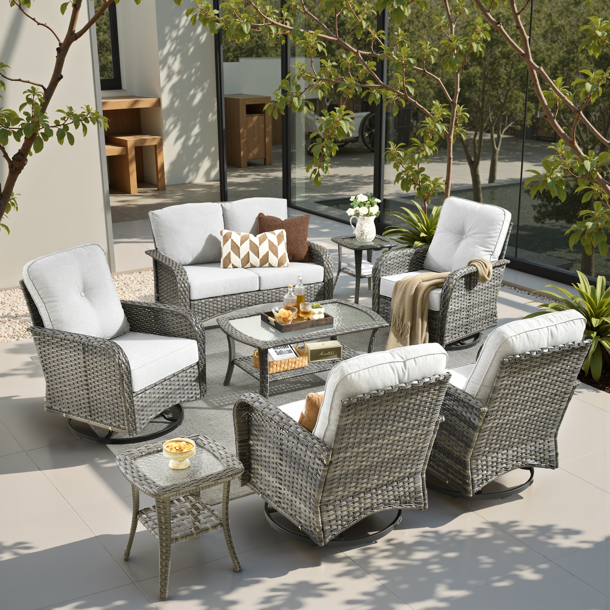 weaxty HMBYZGNCGNDS400S81 Initial 8 -Piece Wicker Patio Conversation Set with Gray Cushions