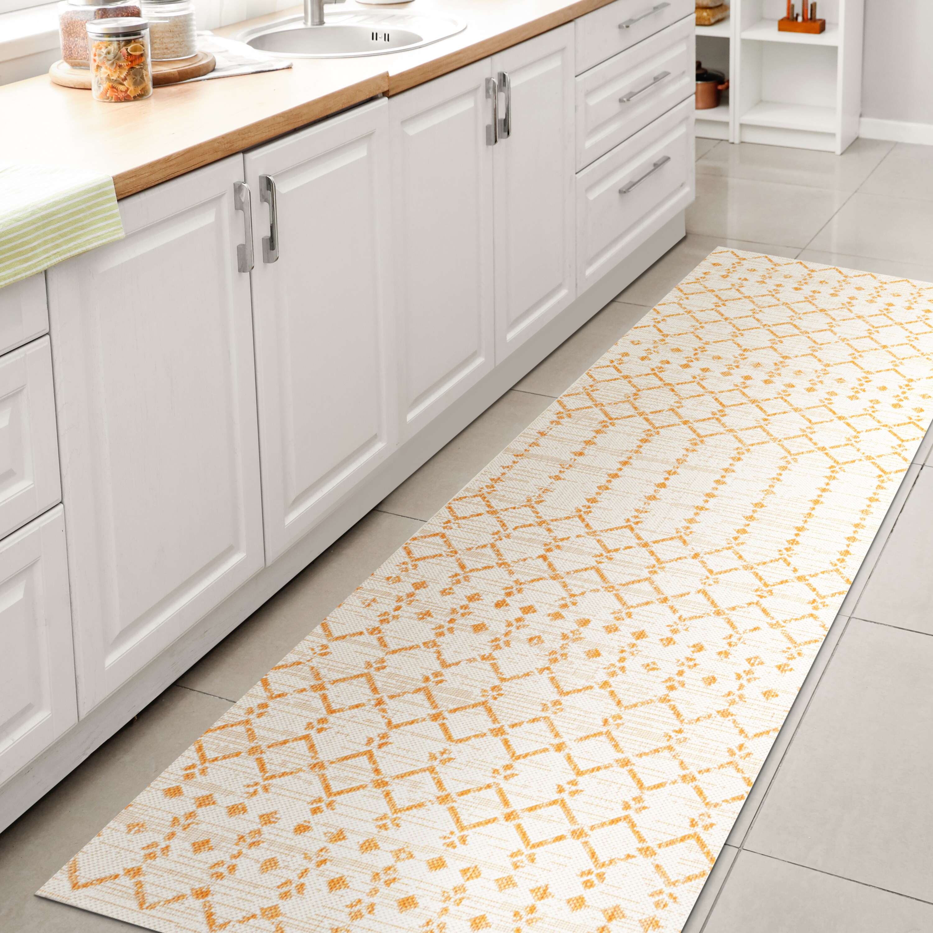 JONATHAN  Y SMB108J-210 Santa Monica Ourika Filigree Textured Weave 2 x 10 (ft) Loomed Polypropylene Cream/Yellow Rectangular Indoor/Outdoor Distressed/Overdyed Bohemian/Eclectic Runner rug