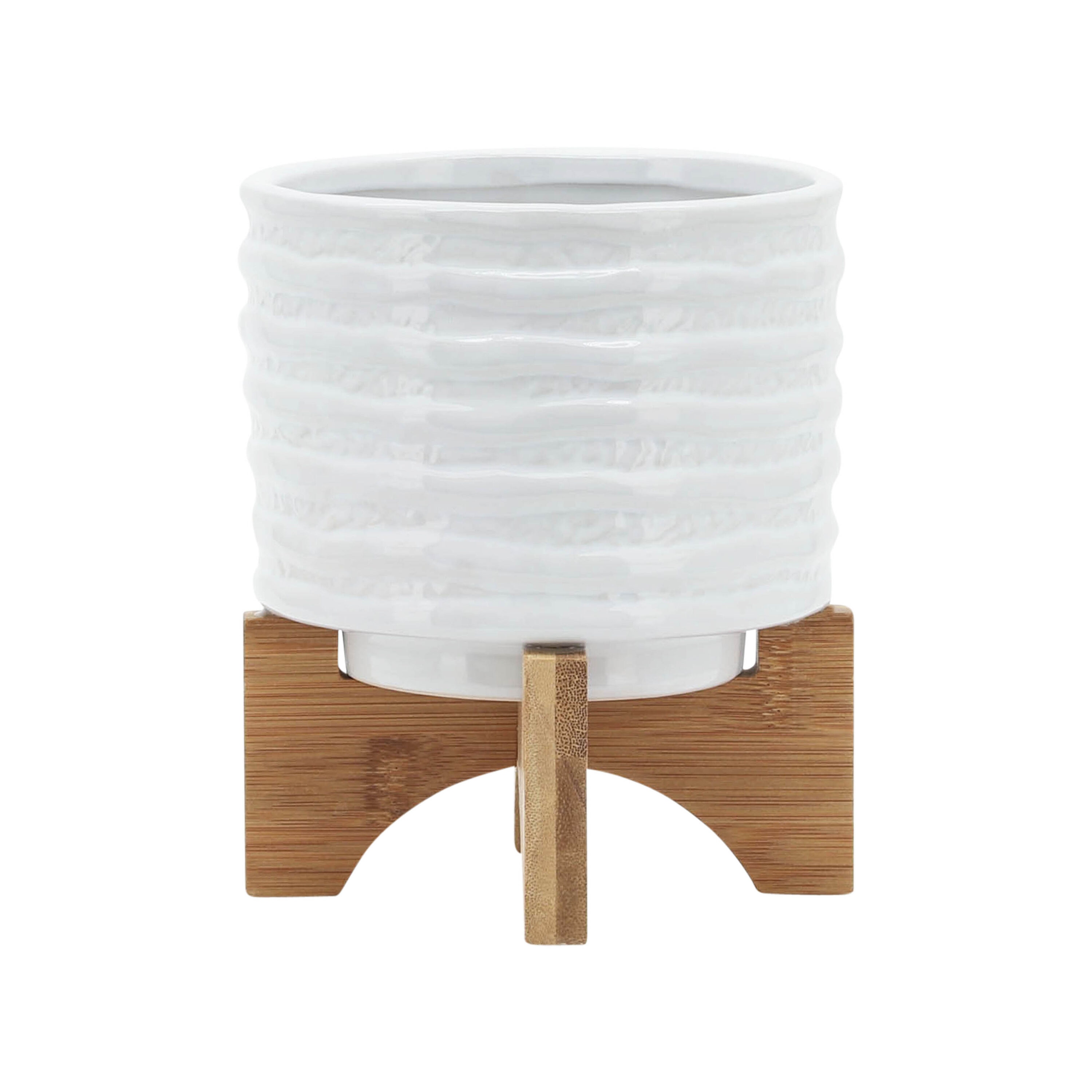 Elegant White Stripe Ceramic Planter with Wooden Stand, 6"x8"