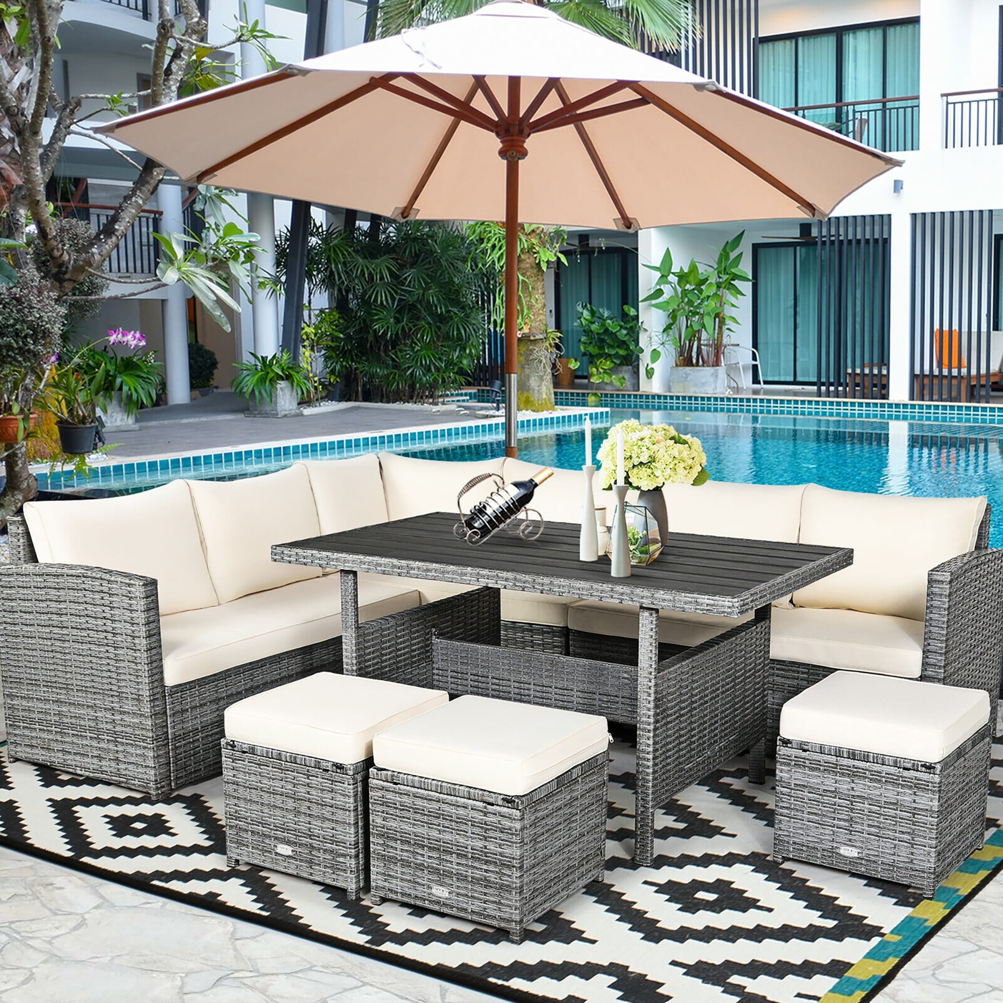 7 Pieces Patio Rattan Dining Furniture Sectional Sofa Set with Wicker Ottoman-Beige | - Forclover HYFL-90WH