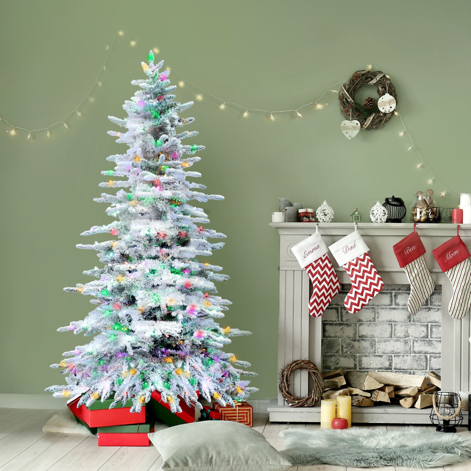7.5-Ft Flocked Pine Artificial Christmas Tree with Multicolor LED Lights
