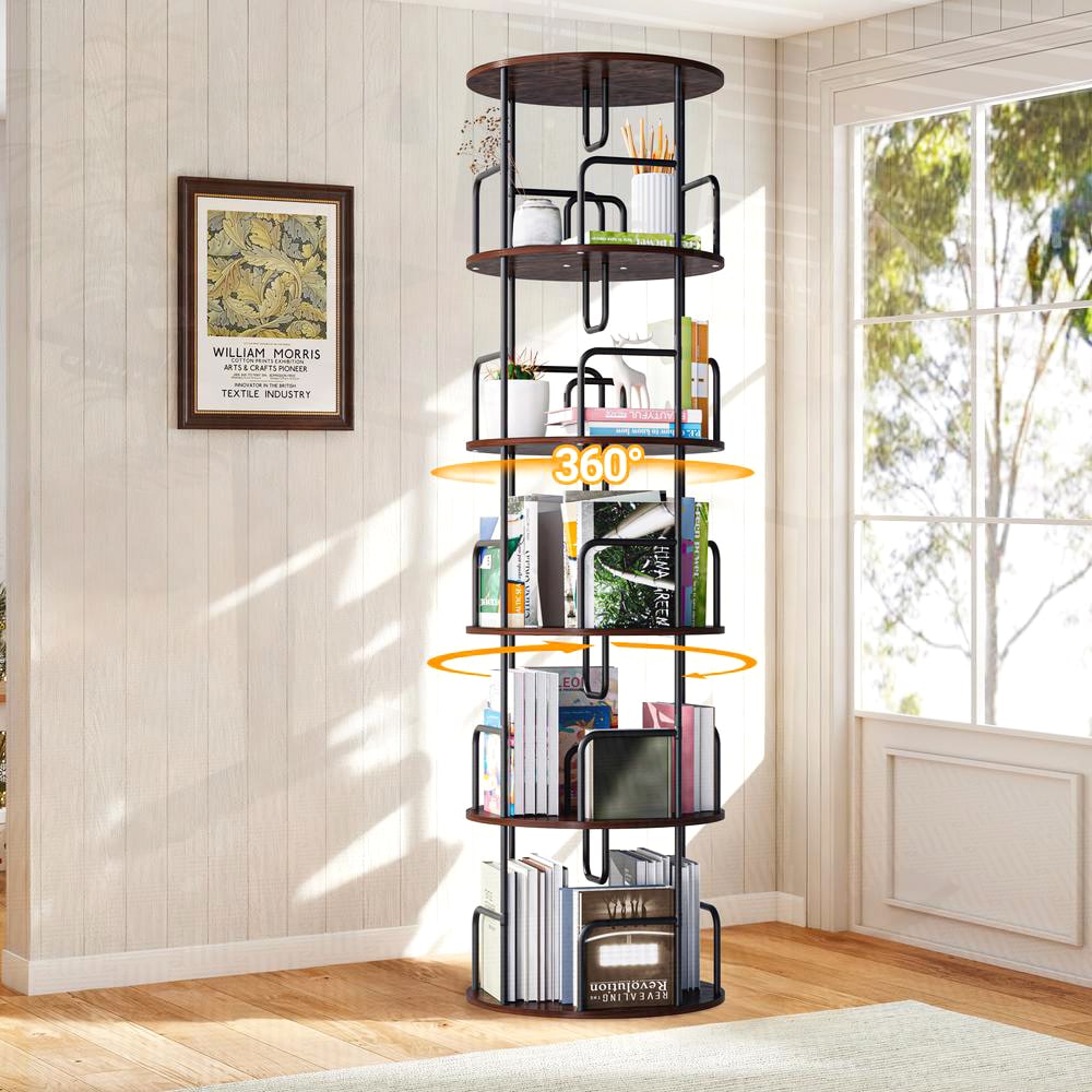 SunJet 5 Tier Revolving Bookshelf Tower Spinning Bookcase 360 Degree Rotating Round Storage Shelf Narrow Tall Book Organizer for Bedroom Living Room Brown