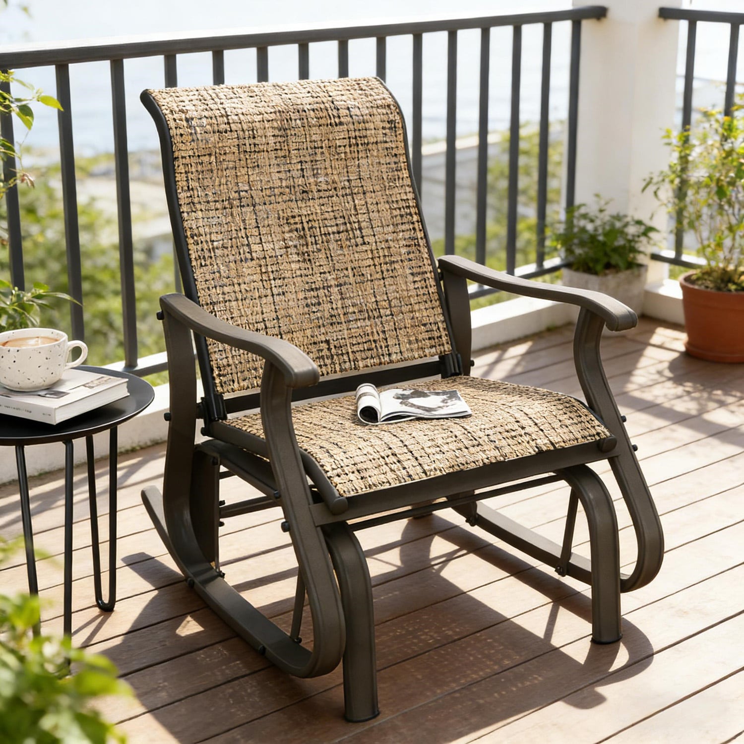 Mondawe Brown Steel Frame Rocking Chair with Tan Sling Seat