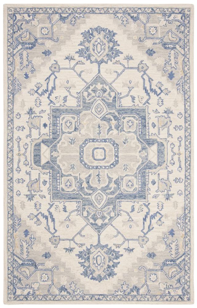 Ivory and Blue Hand-Tufted Wool Rectangular Rug, 5' x 8'
