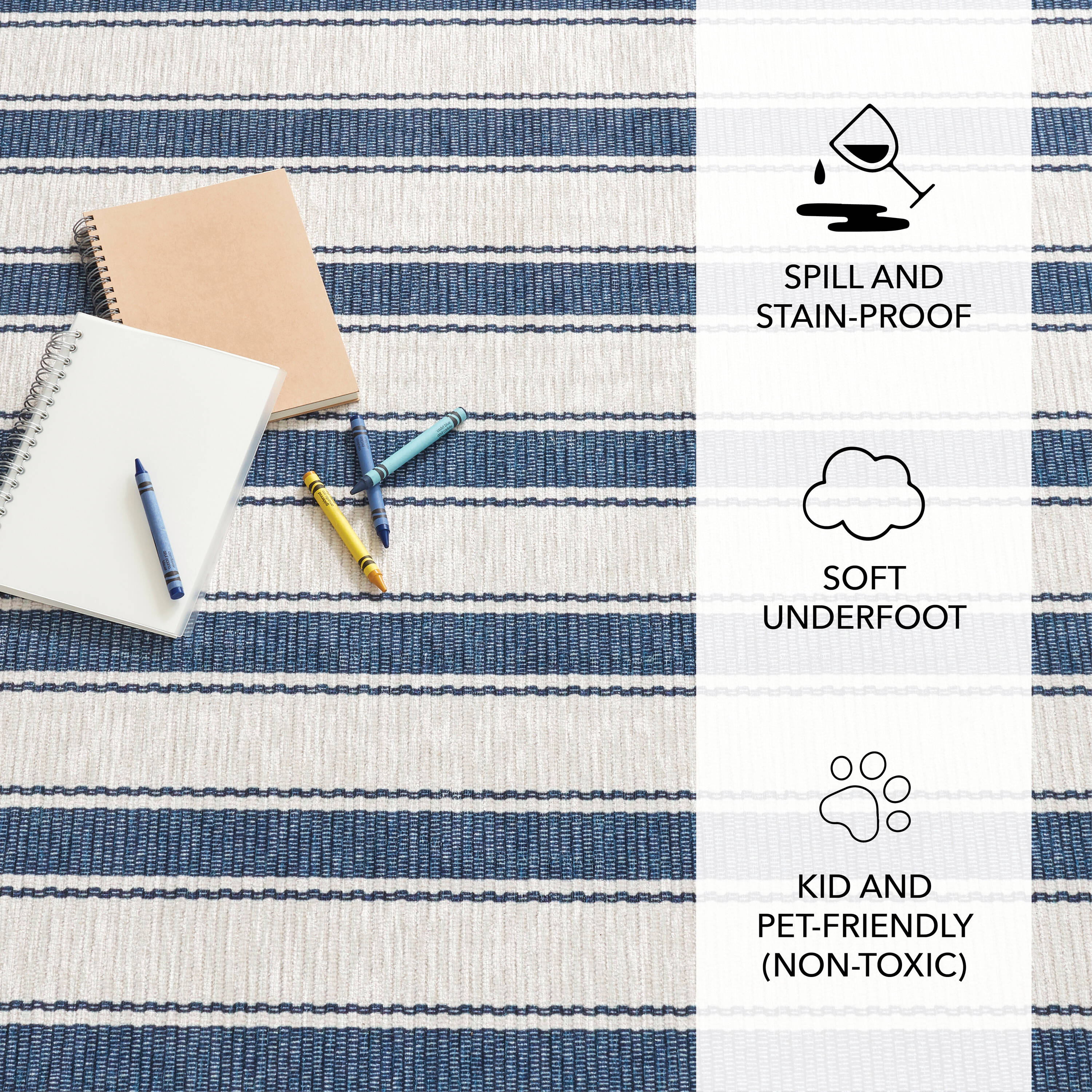 Blue and White Striped Washable Rectangular Rug 2' x 3'