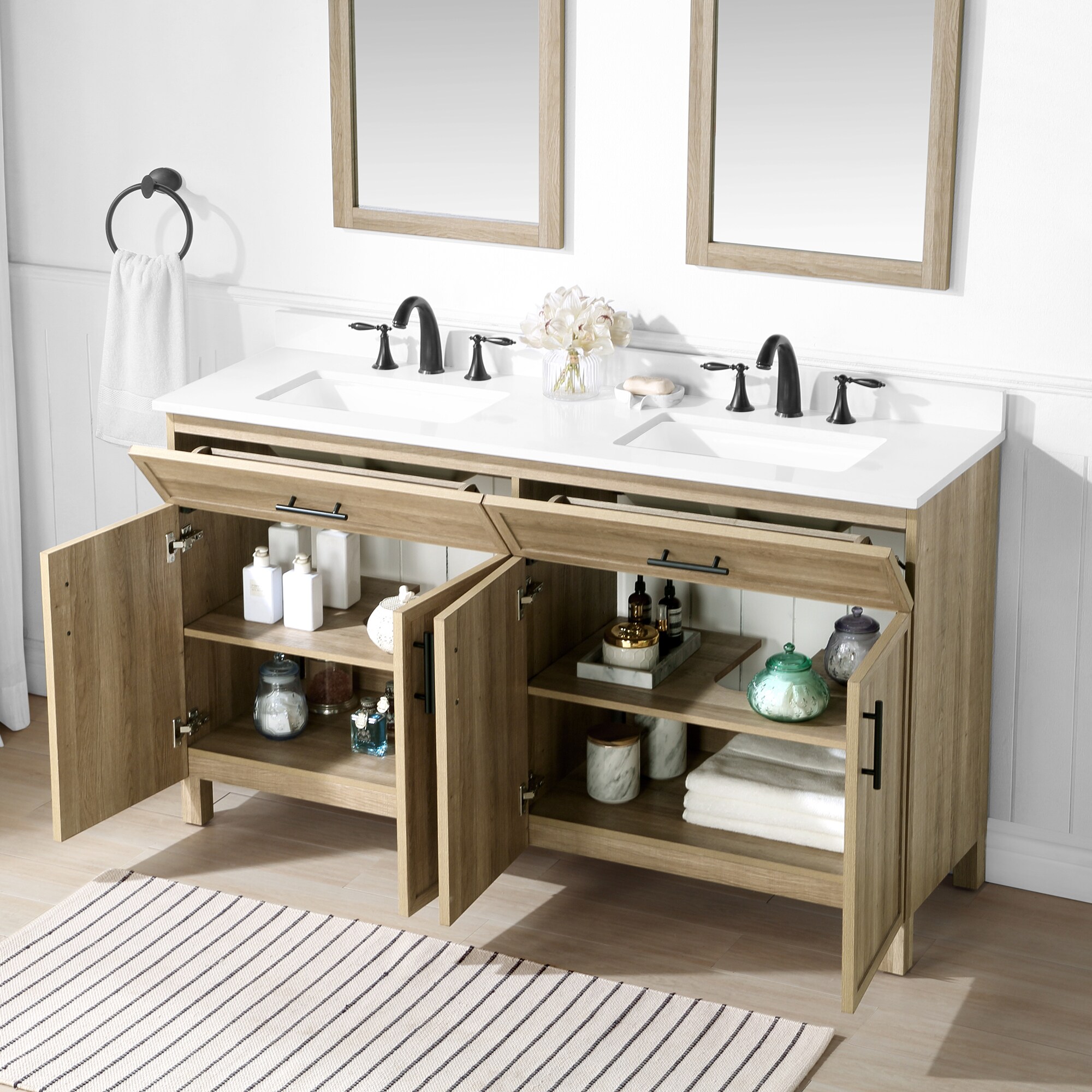 Manhattan Oak Wood 60 in. W x 22 in. D Double Sink Bathroom Vanity with  Countertop and White Basin(S) - MNH_60D