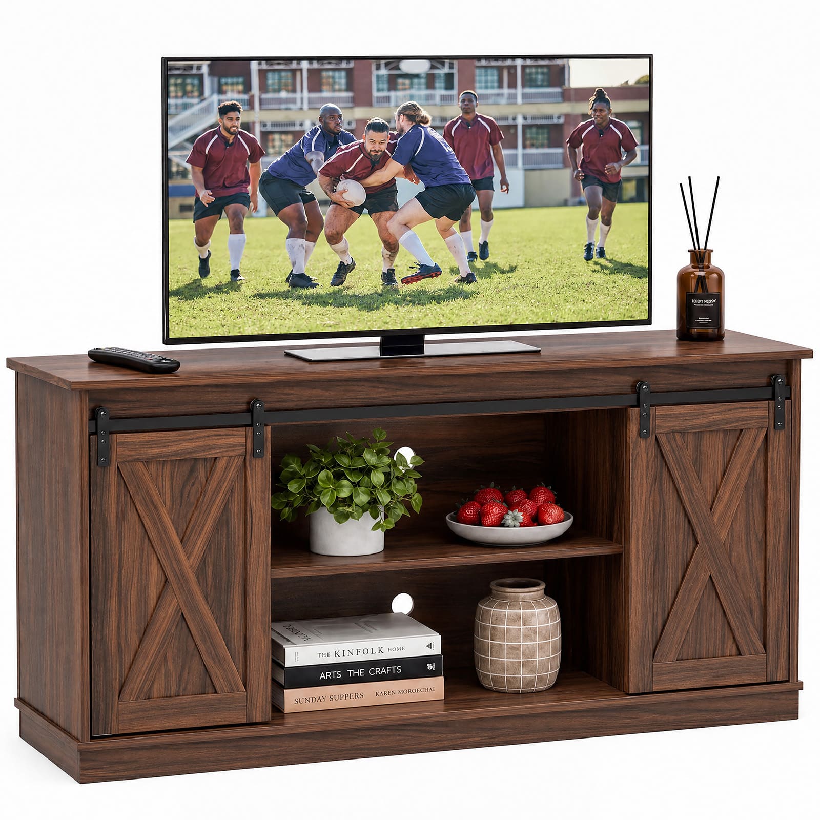 Sweetcrispy Brown 58-in W Farmhouse TV Stand with Storage and Sliding Doors for TVs up to 65-in