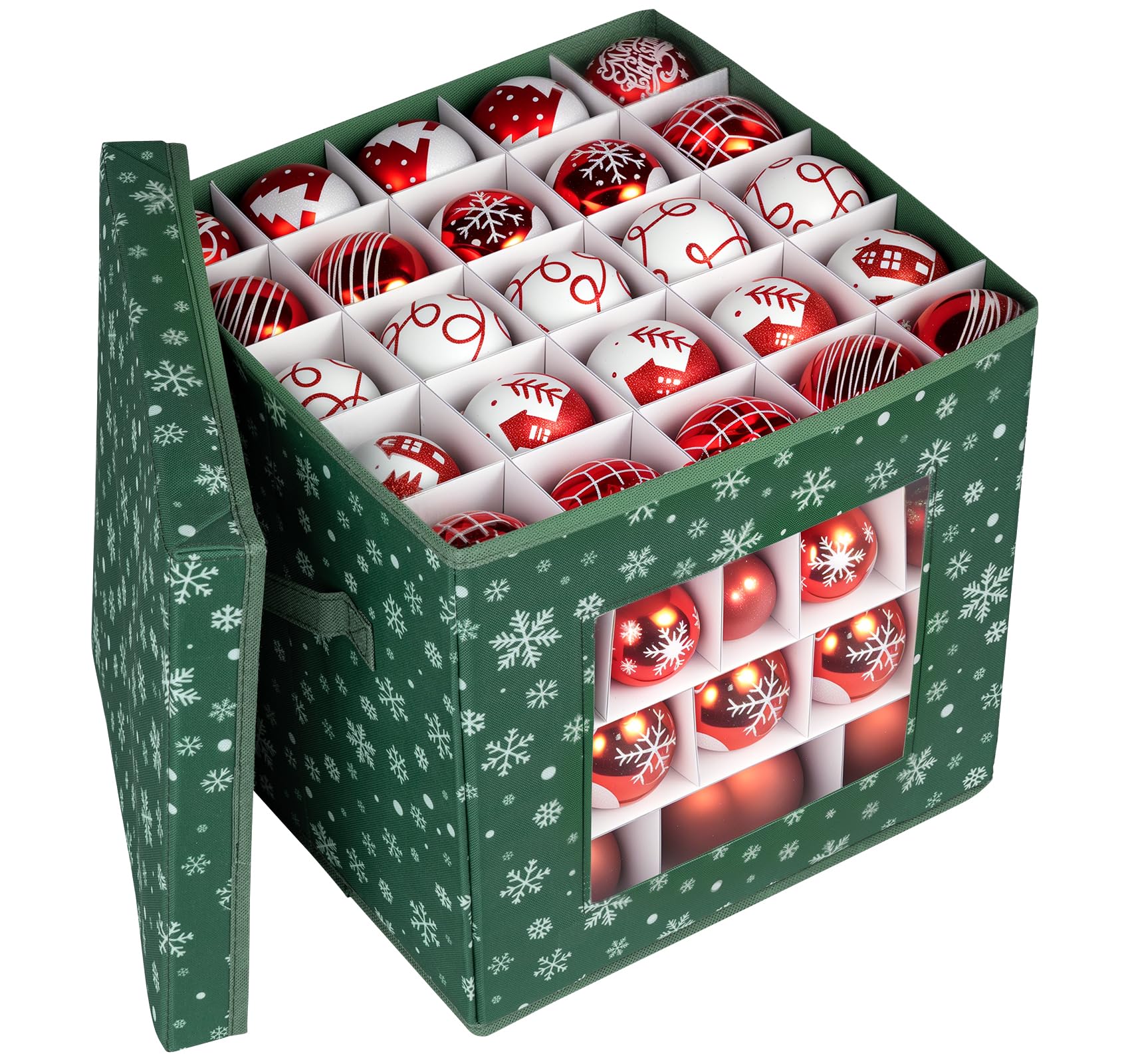 KIWDZFU  Christmas Ornament Storage Box Green Snowflakes Fits 83 Ornaments 3cm to 8cm 600D Oxford Organizer with Cardboard Dividers Transparent