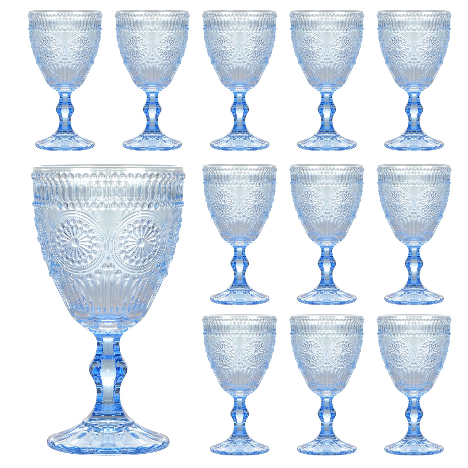 Aoibox  Vintage Embossed Blue Wine Glass Set of 12 10 oz Goblets for Weddings and Parties Assorted Glassware